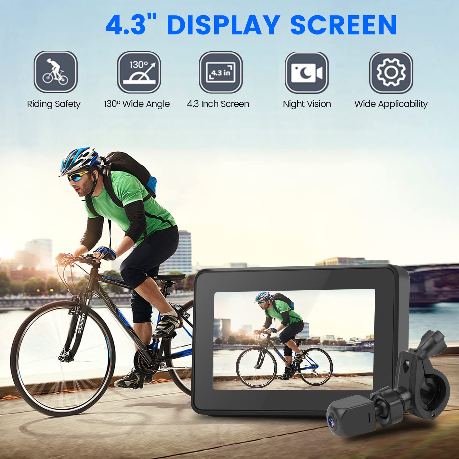 Blueear 1080P HD Bicycle Rear View Camera with 4.3
