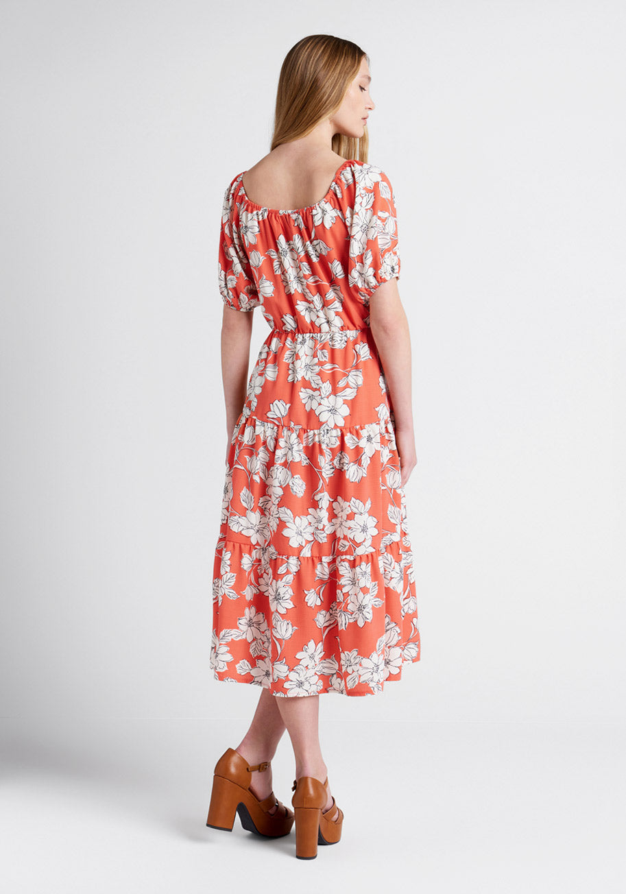 Bloom Wildly Floral Print Tiered Midi Dress for Women - Summer Boho Chic Party & Wedding Guest Outfit