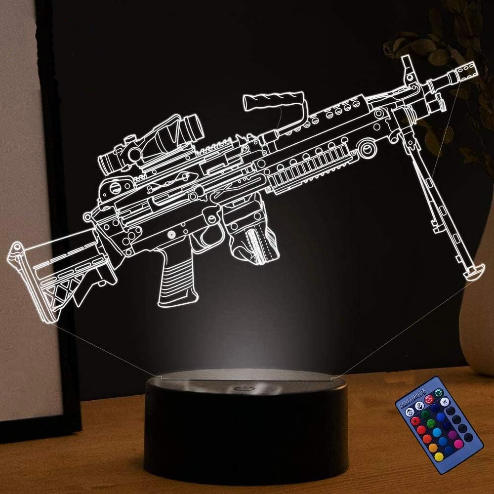 3D Submachine Gun LED Night Light - 16 Color Changing USB Powered with Remote Control, Creative Table Lamp for Gaming Room, Bedroom, and Home Decor