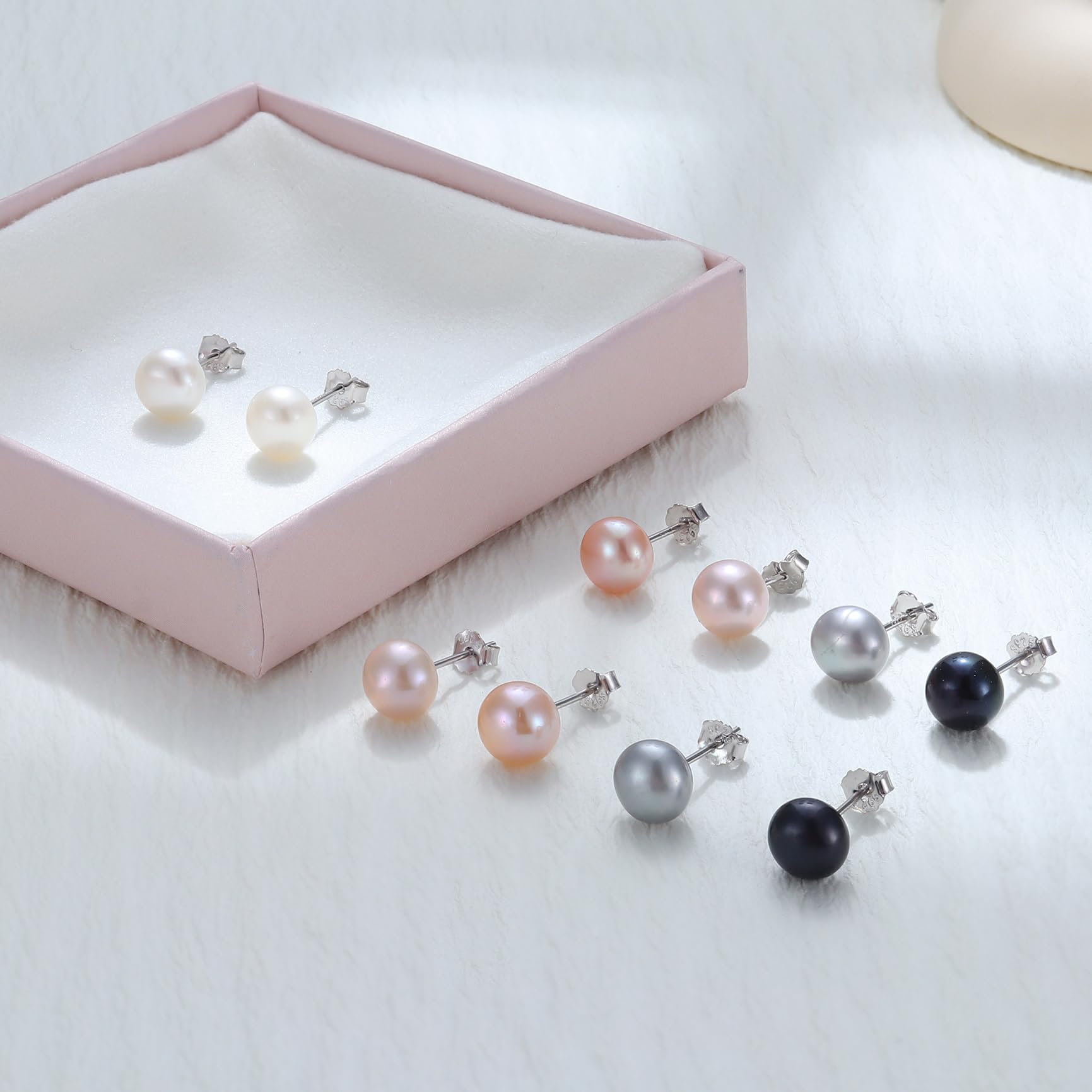 5 Pairs Genuine Freshwater Pearl Stud Earrings for Women - 18K White Gold Plated Sterling Silver Bridal Jewelry Set | Wedding, Anniversary, Party & Everyday Elegant Accessories