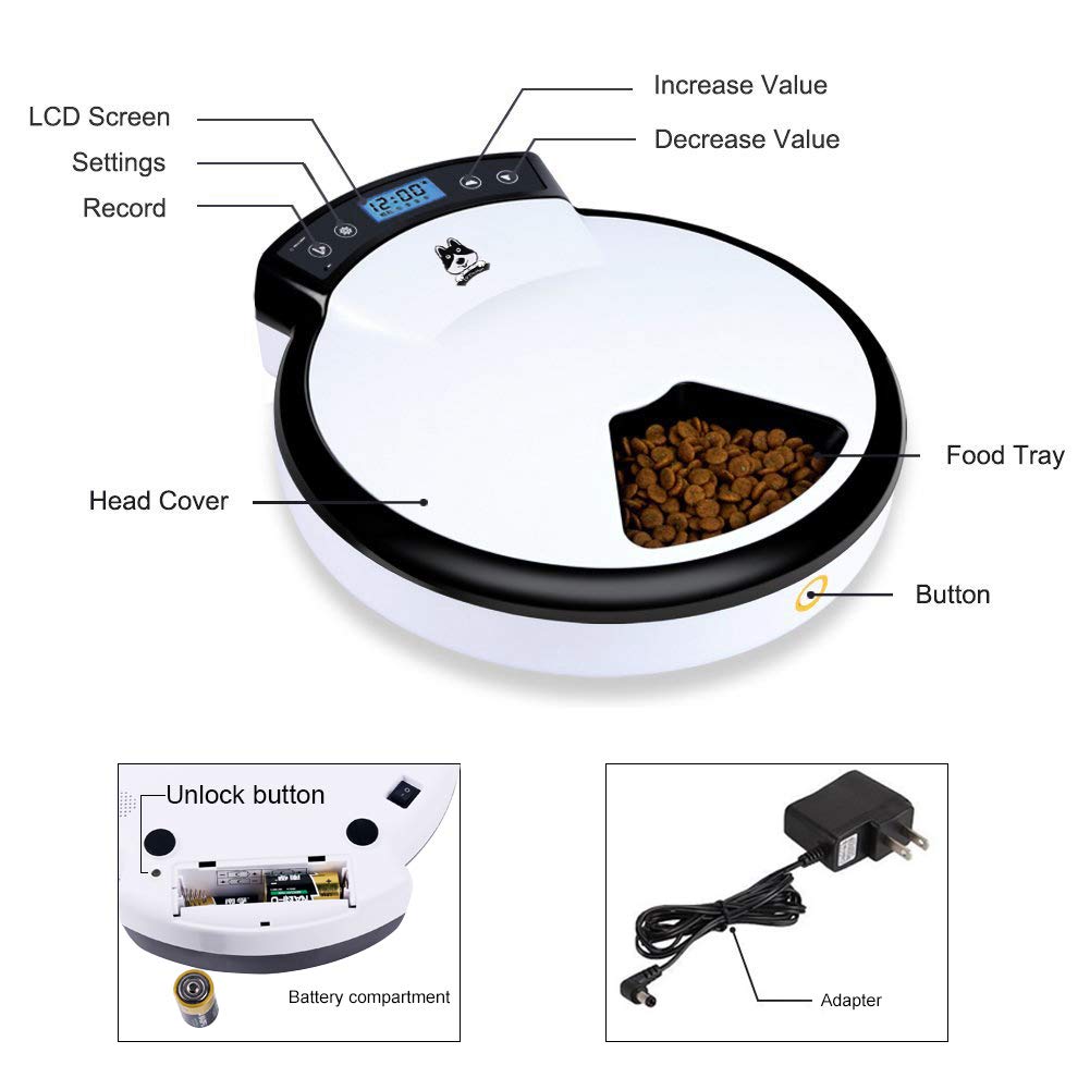 Automatic Pet Feeder for Cats & Dogs - 5 Meal Programmable Timer, 5 x 240ml Dry Food Dispenser | Perfect for Home, Office & Travel Use