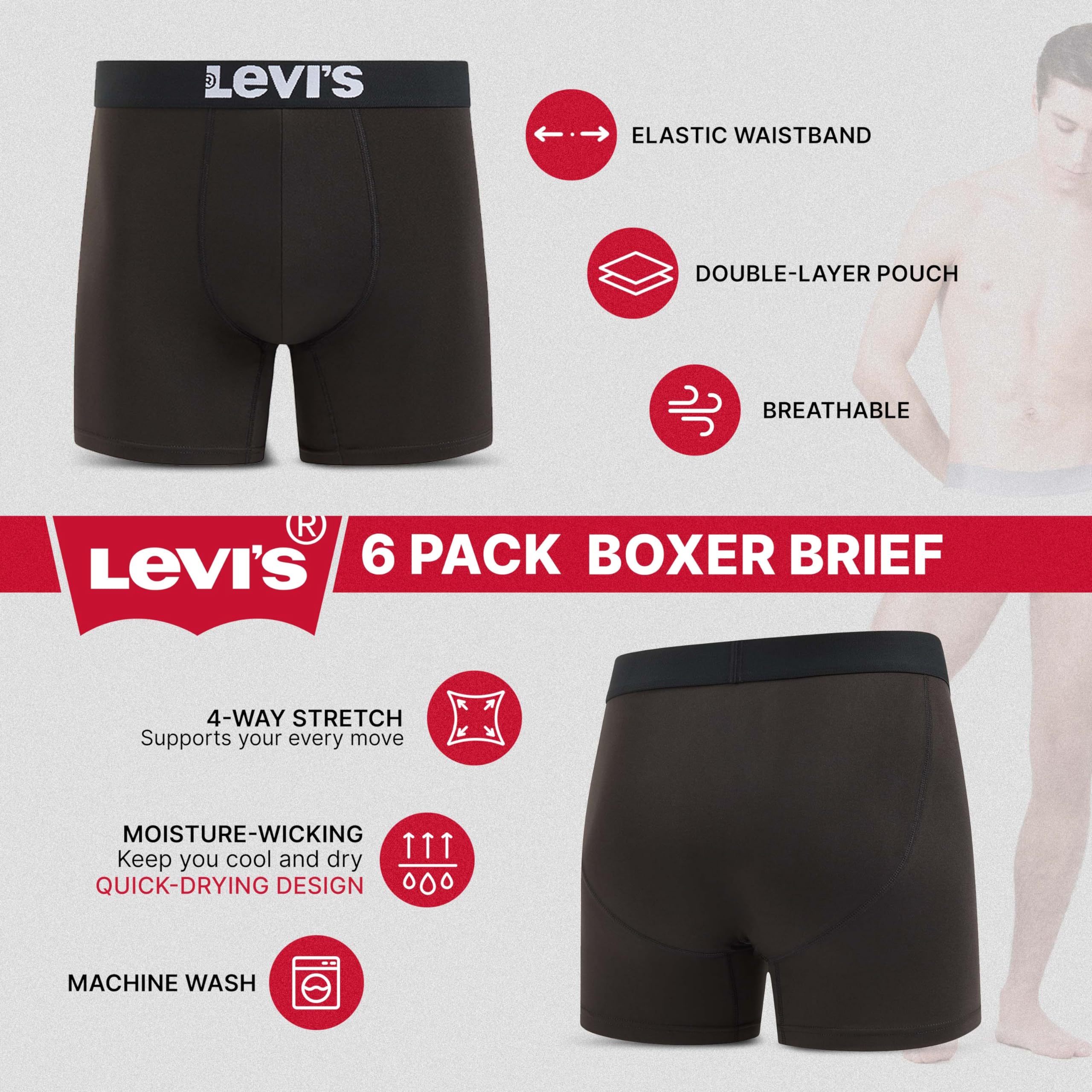 Levi's Men's Underwear 6-Pack Boxer Briefs - Soft Stretch Microfiber Comfort for Everyday Wear & Active Lifestyle