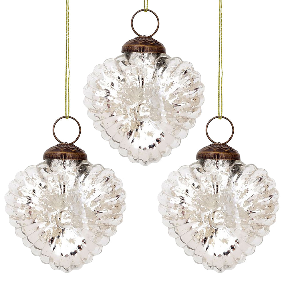 3 Pack Silver Viola Mercury Glass Heart Ornaments - Elegant Christmas Tree Decorations for Holiday Home Decor, Wedding, Party & Gift Giving