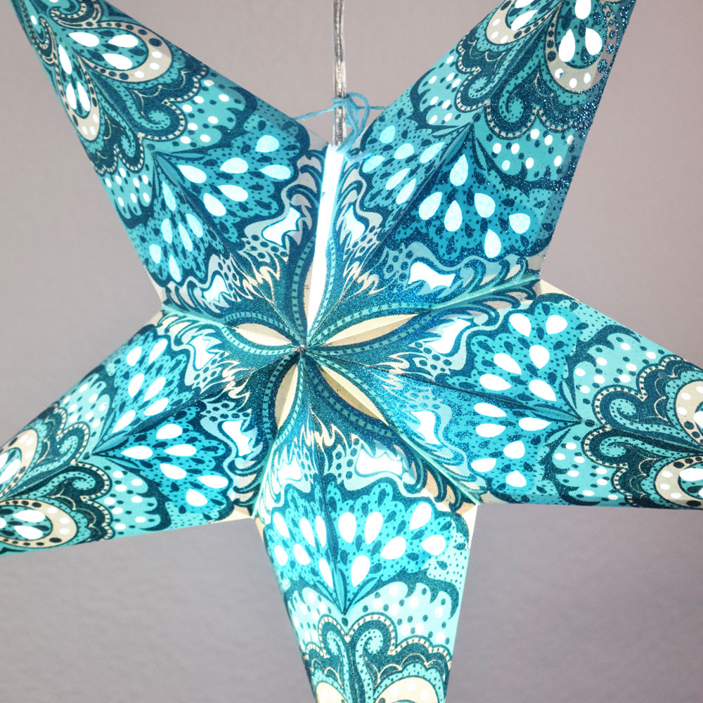 24 Pack Turquoise Blue Heart's Desire Glitter Paper Star Lanterns - Hanging Party Decorations for Wedding, Birthday, Baby Shower & Home Decoration