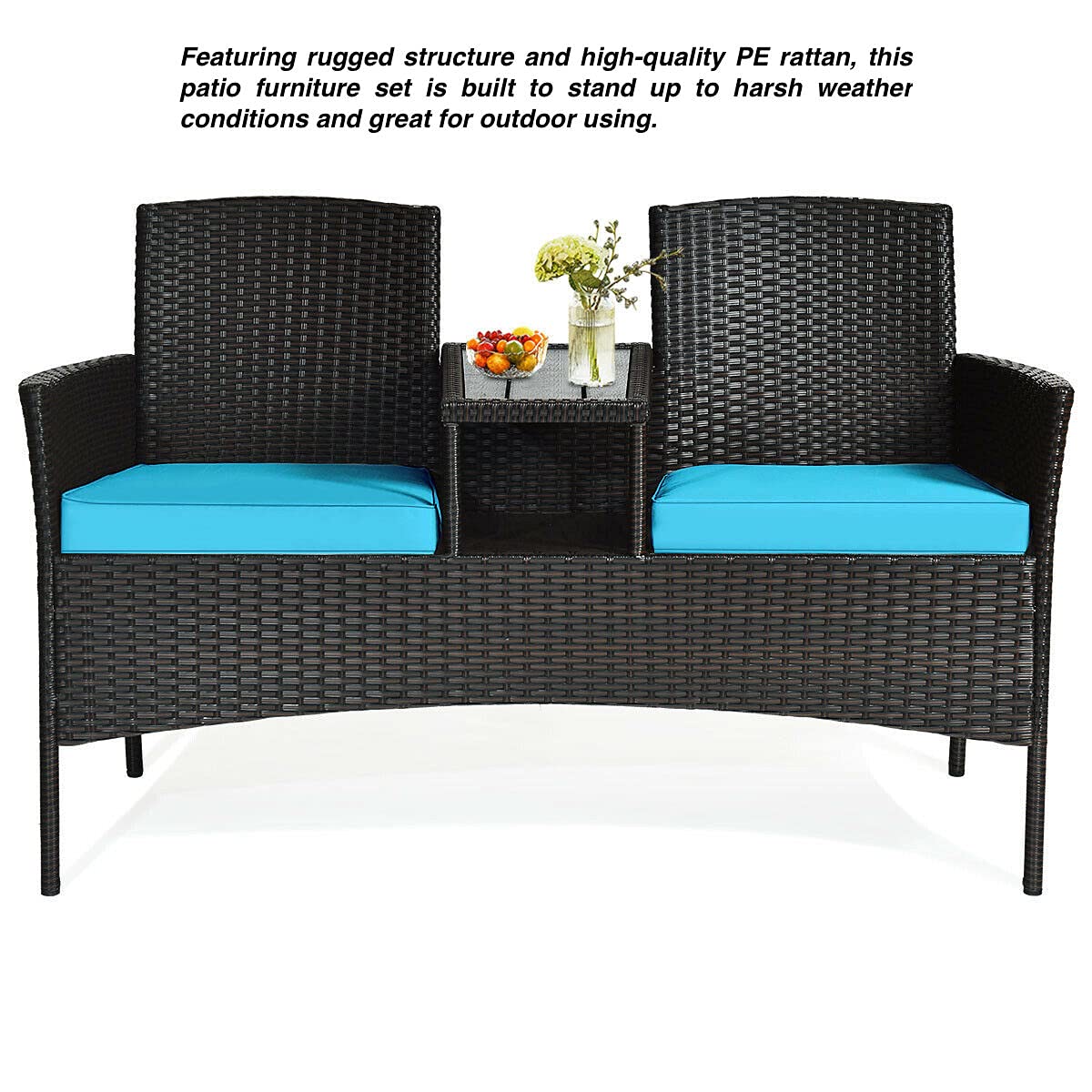 2-Seater Rattan Patio Conversation Set with Plastic Table Top & Blue Cushions - Outdoor Garden, Poolside, Deck Furniture for Relaxing & Socializing