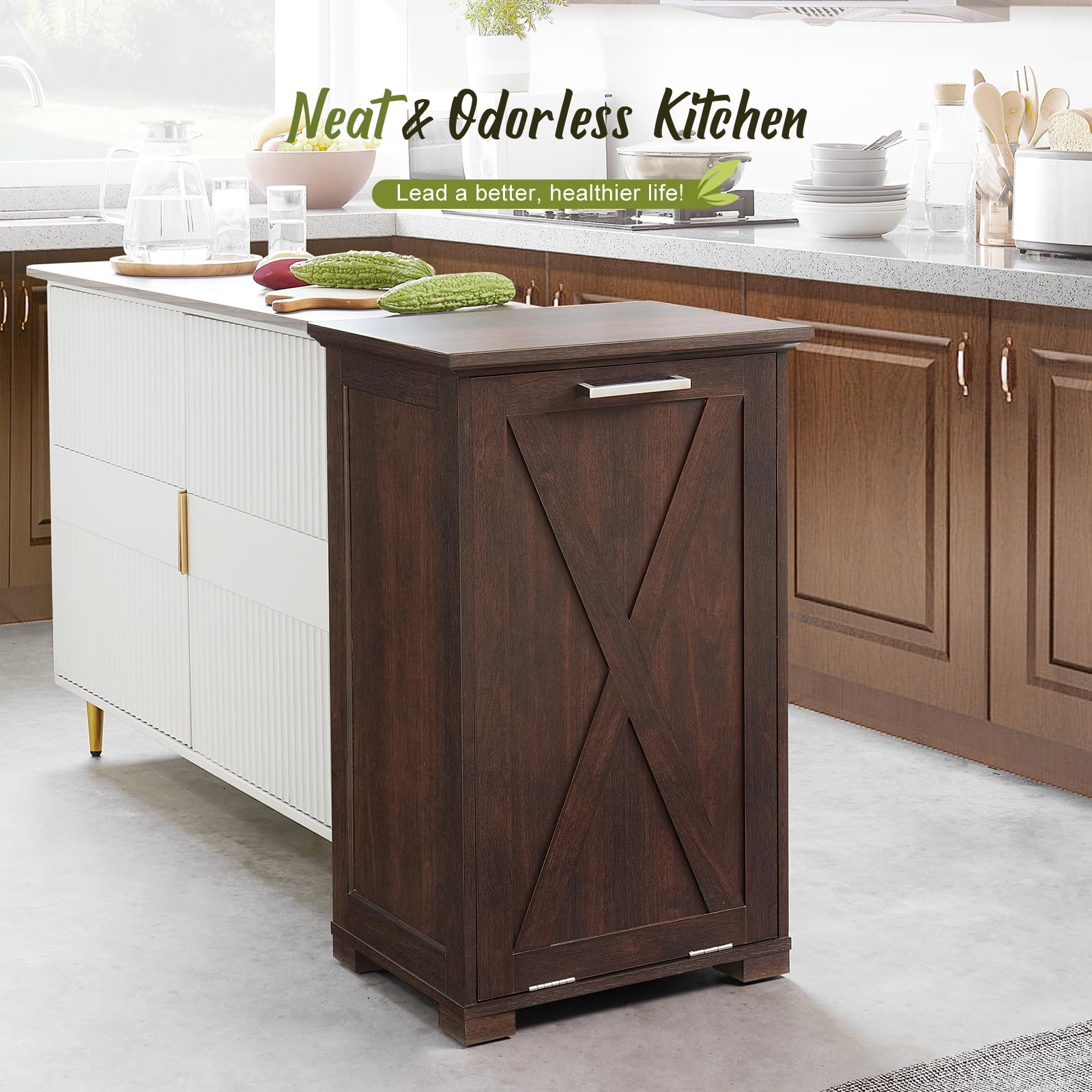 10-Gallon Pull-Out Trash Can Cabinet with Deodorizer - Tilt Out Recycling Garbage Bin with Spacious Wood Top (Espresso) - Perfect for Kitchen, Bedroom, Laundry Room Organization & Waste Management