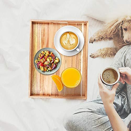 Acacia Wood Serving Tray with Handles - 16 Inch Decorative Wooden Platter for Breakfast in Bed, Lunch, Dinner & Entertaining | Perfect for Coffee Table, Ottoman, Couch, Patio & BBQ Parties | Durable & Stylish Serving Tray for Home & Outdoor Use