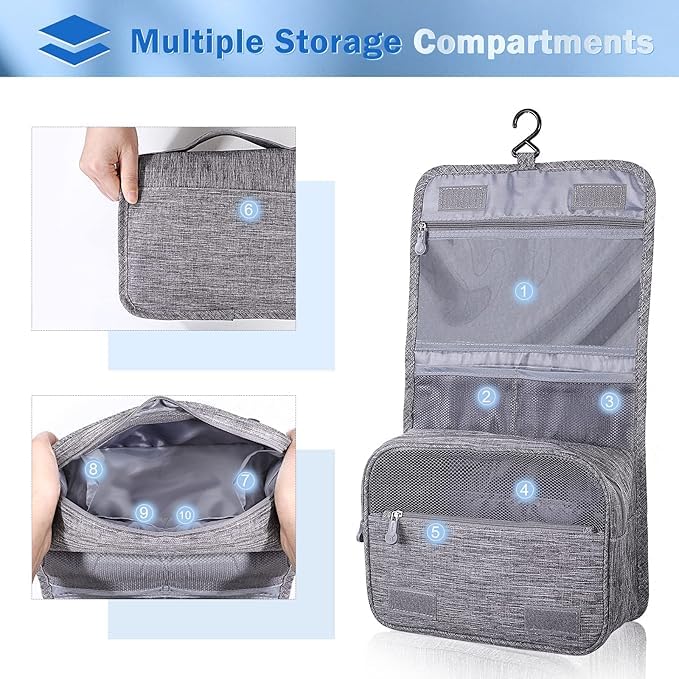 Anayo Hanging Travel Toiletry Bag - Waterproof Cosmetic & Makeup Organizer Pouch for Men & Women | Portable Shaving Kit, Brush Holder & Medicine Organizer | Perfect for Camping, Gym & Business Trips (Grey)