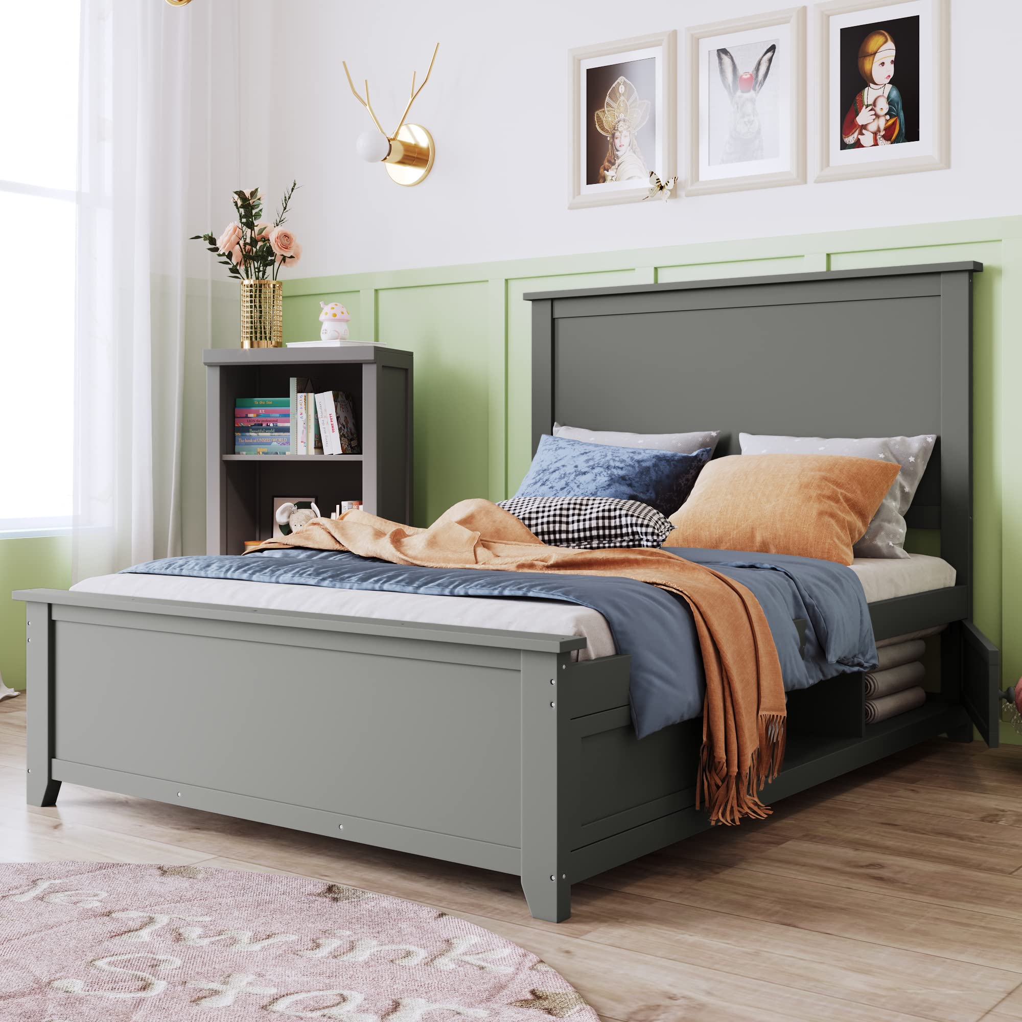 Polibi Full Size Platform Bed Frame with Storage - Solid Wood Bed with Headboard & Footboard - Under Bed Storage Compartment on Both Sides - No Box Spring Needed - Grey - Perfect for Small Bedrooms, Guest Rooms & Modern Apartments