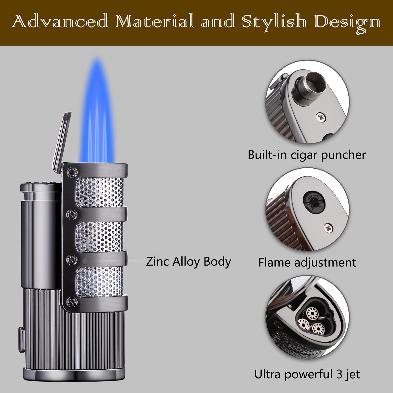 Premium Triple Flame Butane Torch Lighter - Windproof Refillable Jet Lighter with Hole Punch Cutter, Durable Metal Construction & Luxury Gift Box (Butane Not Included) - Perfect for Cigars, Cooking, DIY Projects & Outdoor Use