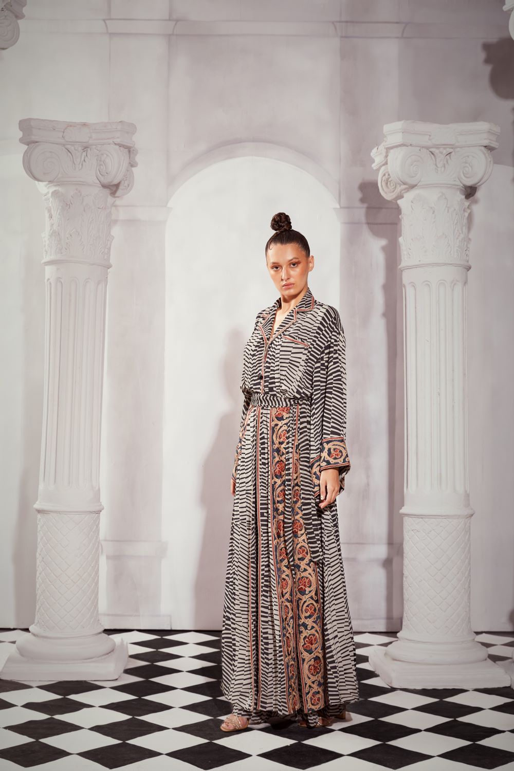 Black & White Byzantine Print Slit Dress with Tile Thread Embroidery - Elegant Evening Gown for Women, Perfect for Parties, Weddings & Special Occasions