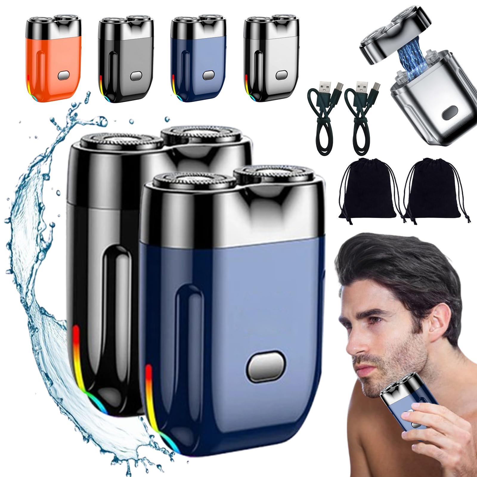 Peonly Electric Razor for Men - Rechargeable Waterproof Shaver with Dual Rotary Heads, USB Travel Shaver for Face & Body Grooming - Compact Portable Design for Home, Office & Travel (2 Pack)