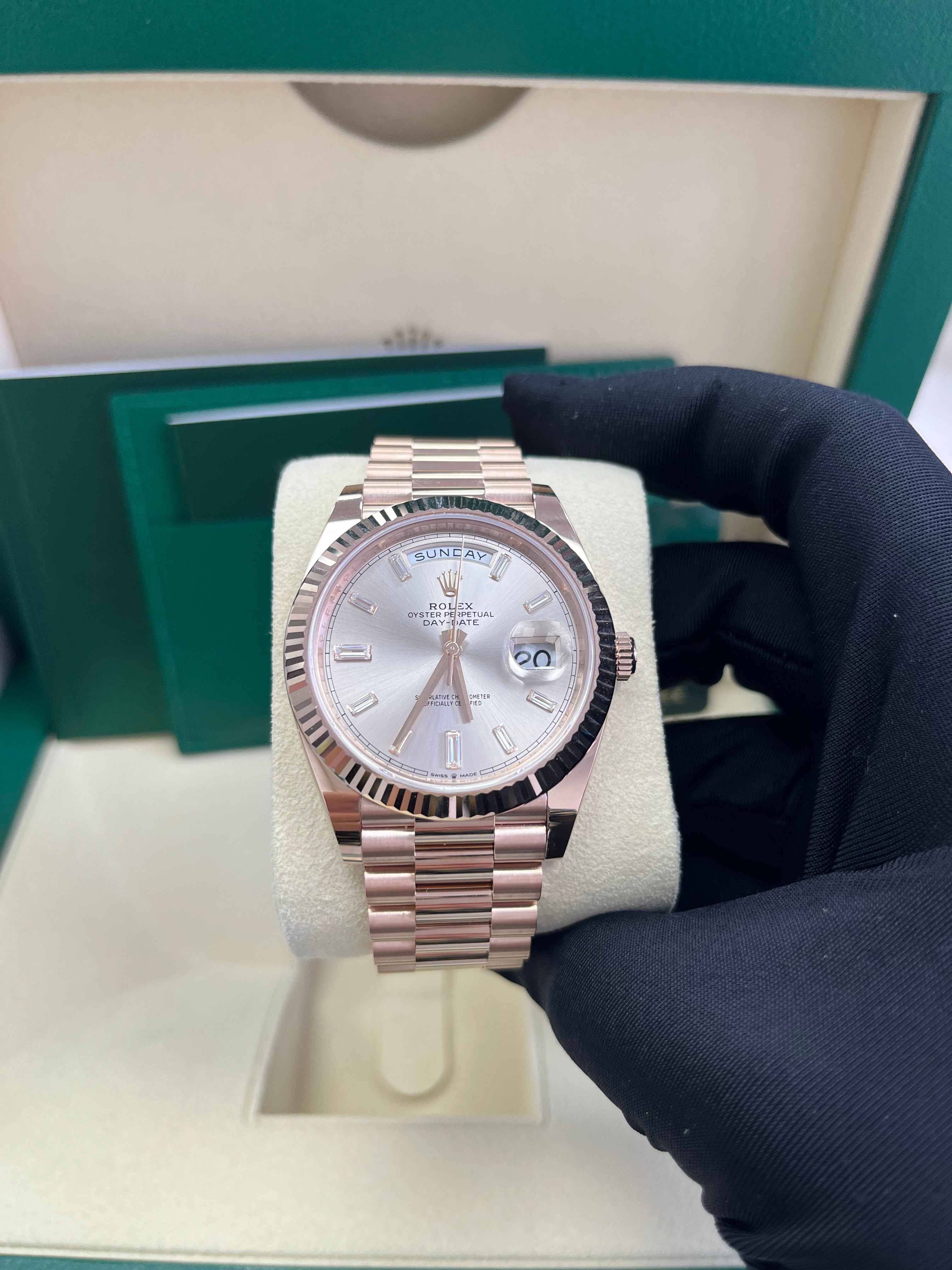 Rolex Day Date 40 Watch - 18K Yellow Gold, Fluted Bezel, Sundust Baguette Diamond Dial, President Bracelet 228235 | Luxury Dress Watch for Business & Formal Occasions