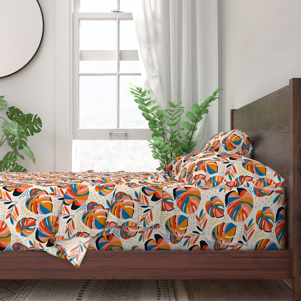 Tropical Monstera Print 100% Cotton Twin Sheet Set - 3 Piece Botanical Bedding with Retro Vintage Leaf Design | Perfect for Summer Bedroom Decor & Boho Chic Home Styling