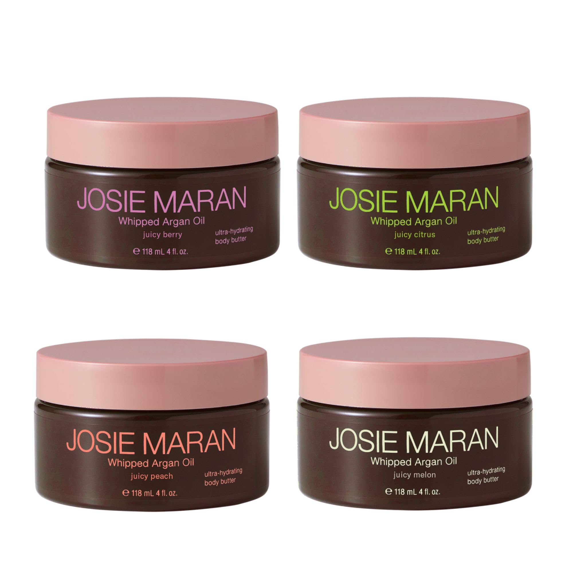 Josie Maran 4-Piece Whipped Argan Oil Body Butter Set - Firming Skin Cream with Shea Butter, Avocado Oil & Fatty Acids - Cruelty-Free & Vegan Moisturizer (4 oz Each) - Perfect for Dry Skin Care & Body Hydration