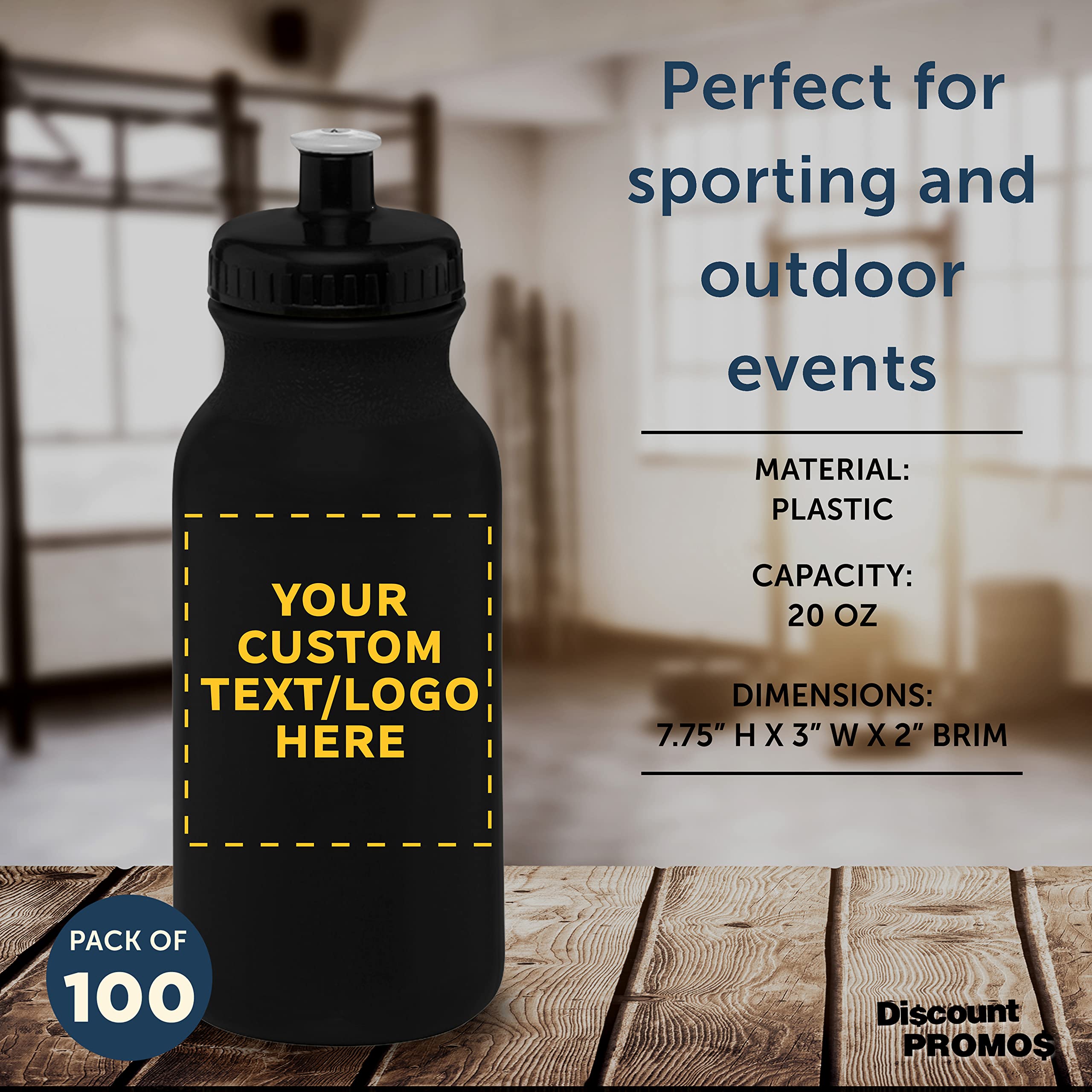 Custom 20 oz. Water Bottles with Push Cap - Bulk Pack of 100 Personalized Sports Bottles - Ideal for Gym, Hiking, Camping & Outdoor Activities - Great for Team Events, Corporate Gifts & School Promotions - Black