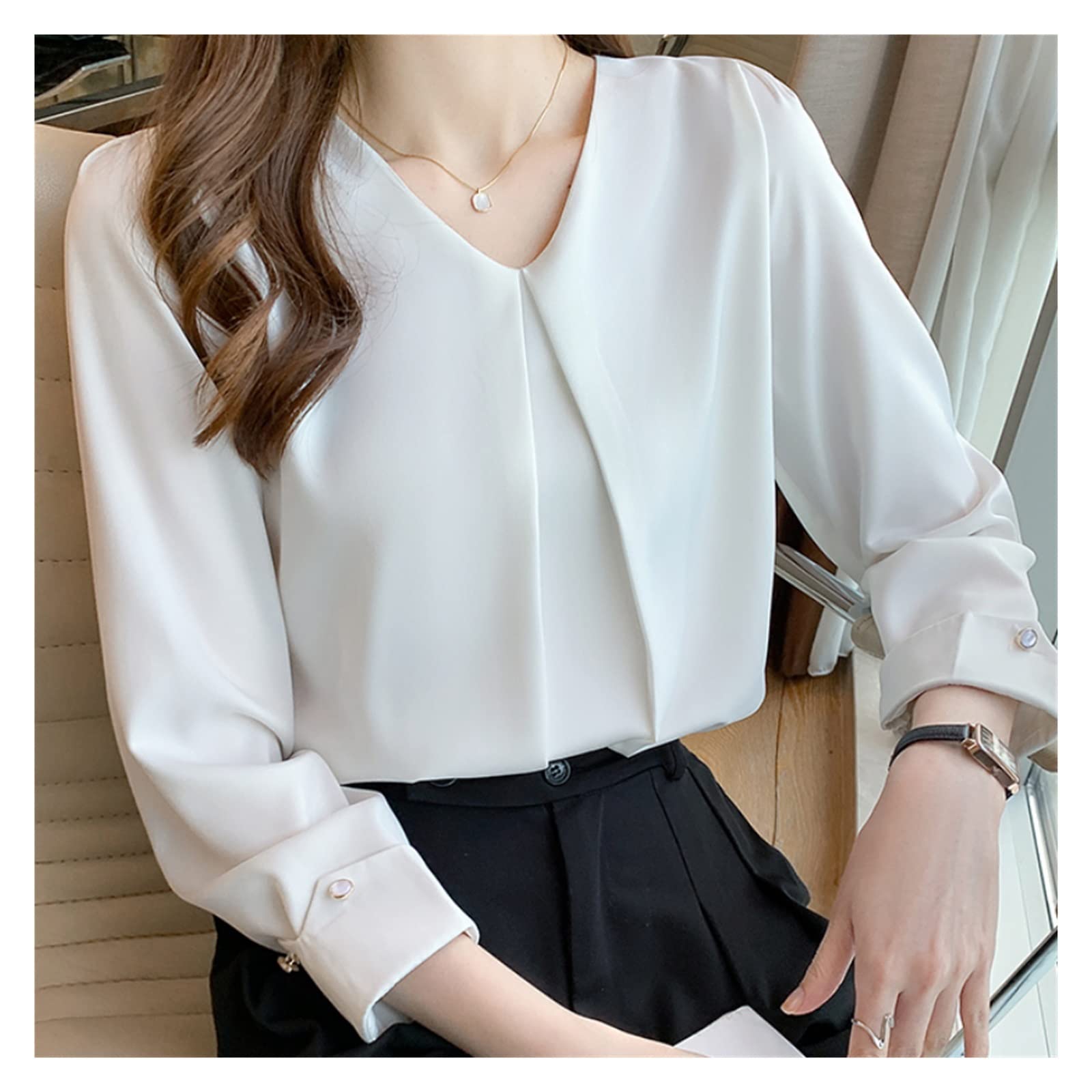 Vintage Retro Pullover Long Sleeve Solid Color Blouse for Women - Elegant Chiffon Spliced Tops (White, Size L) | Perfect for Office Wear, Date Nights & Casual Outfits