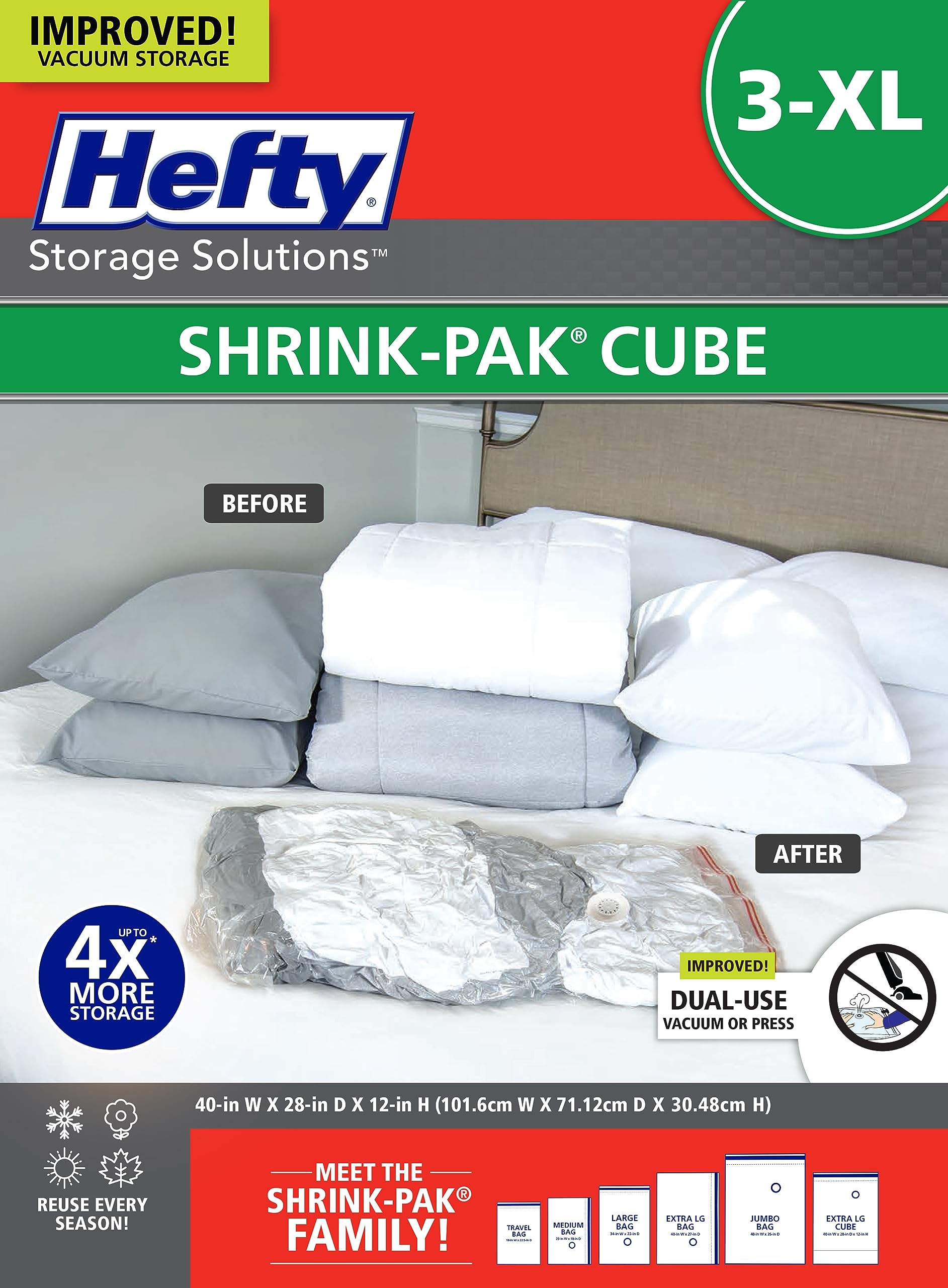 Hefty Shrink-Pak Vacuum Storage Bags - Extra Large Space Saver for Under Bed Storage, Clothes, Comforters & Blankets | Odor Resistant | 3X More Storage Space (3 XL Cube Bags) - Perfect for Seasonal Clothing Storage, Travel Packing & Home Organization