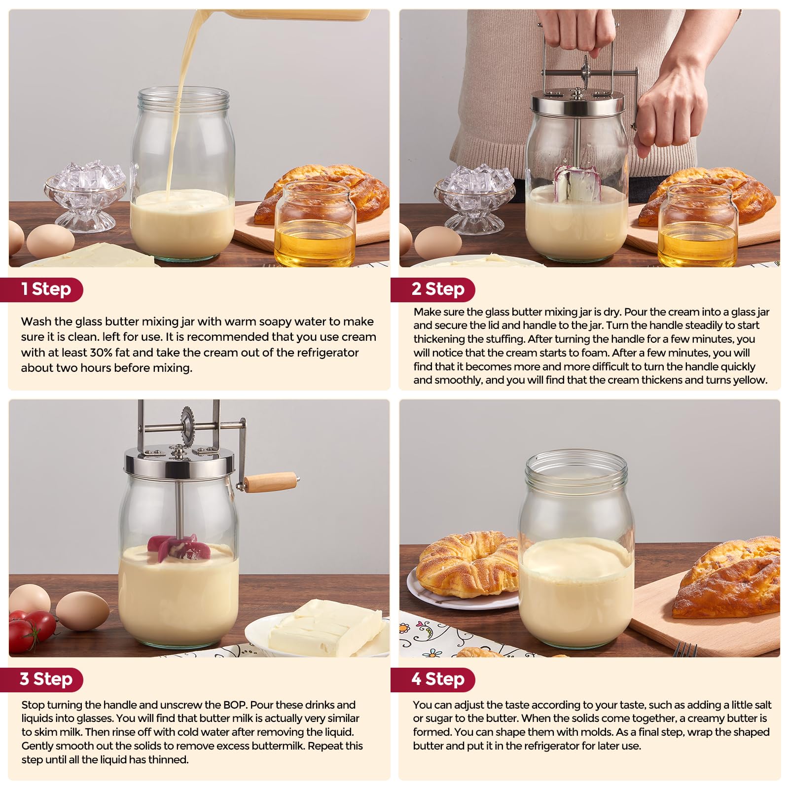 Stainless Steel Manual Butter Churn with Wooden Handle - 51oz Hand Crank Mason Jar Butter Maker for Fresh Homemade Butter, Perfect for Baking, Cooking & Farmhouse Kitchen Use