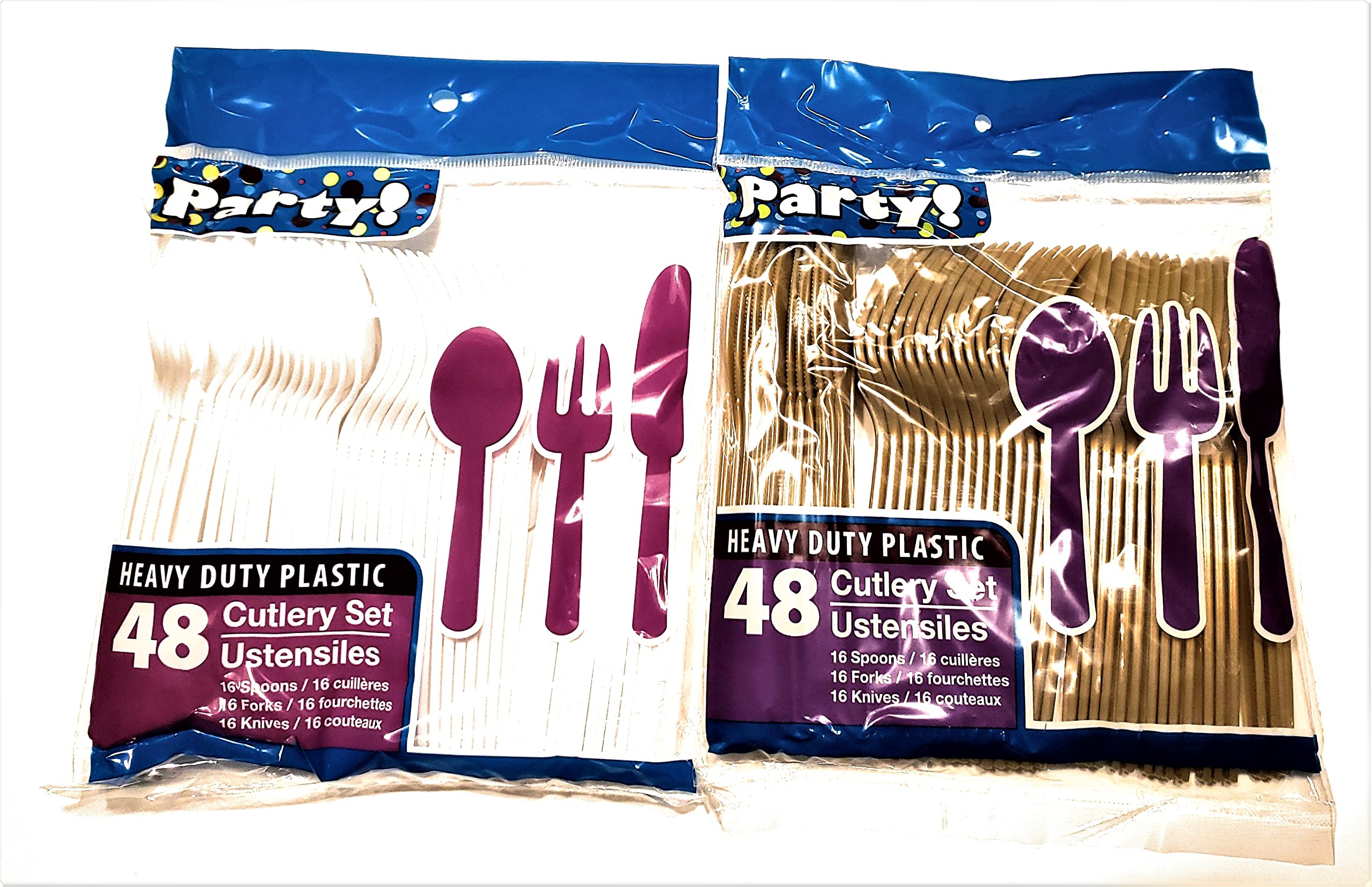 1 OM Gold & White Disposable Plastic Cutlery Set - 96 Piece Party Silverware (32 Spoons, 32 Forks, 32 Knives) - 2 Packs of 48 - BPA-Free for Weddings, Birthdays & Catering Events - Bulk Disposable Utensils for Home & Office Use