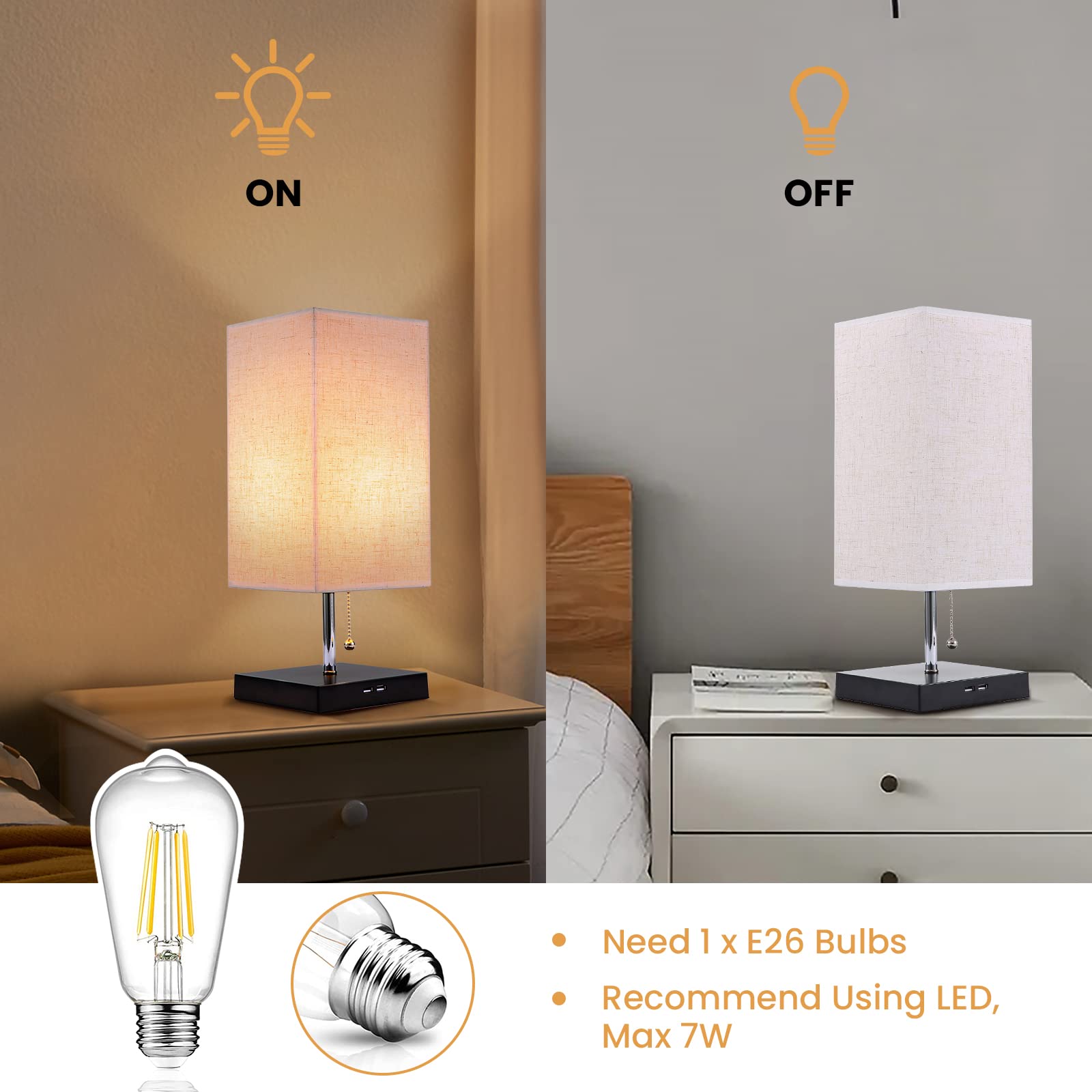 Siljoy Modern Table Lamp with 2 USB Charging Ports - Beige Fabric Lampshade & Black Wooden Base, Pull Chain Switch Nightstand Lamp for Bedroom, Living Room | Perfect for Reading, Working & Charging Devices