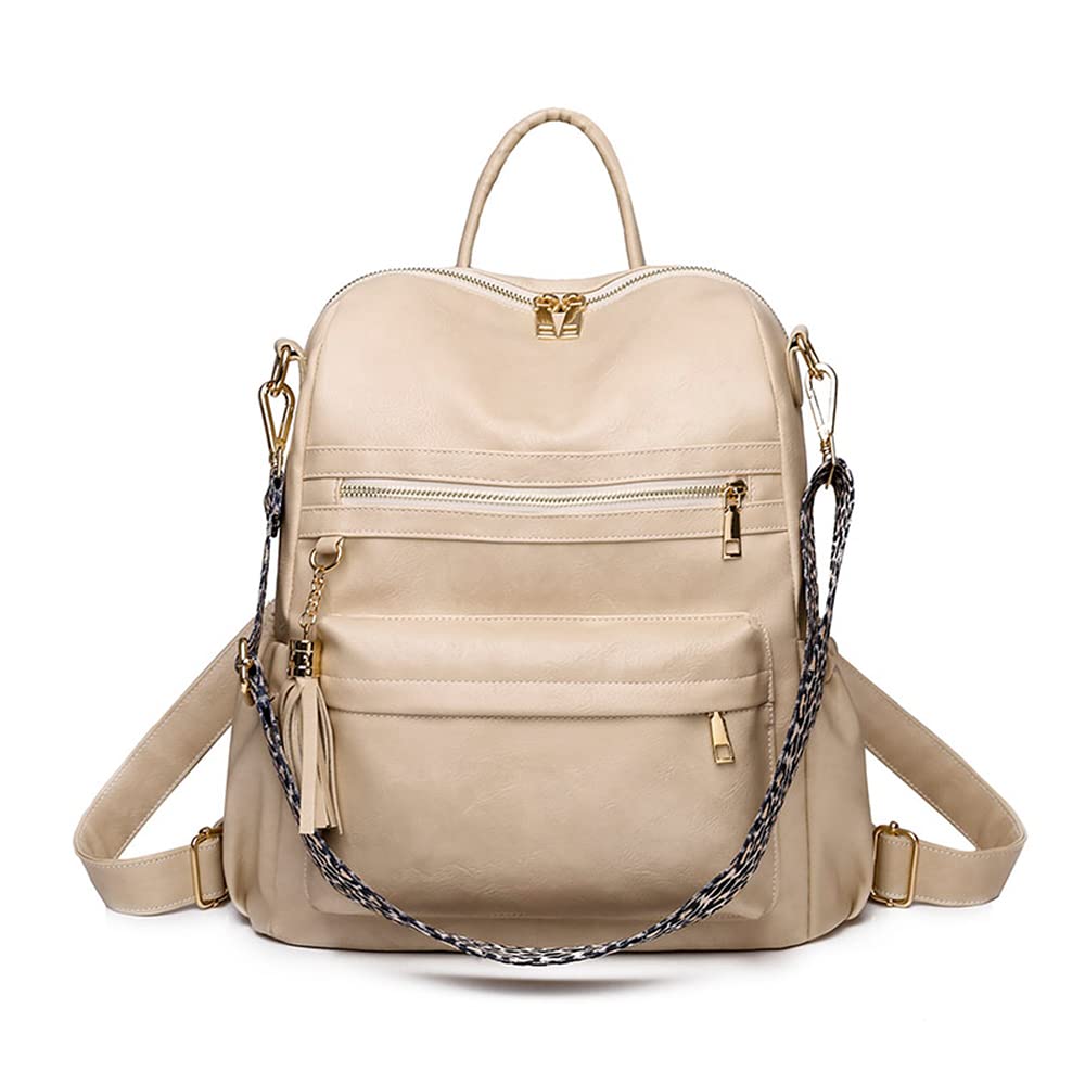 Women's Fashion Backpack Purse - Convertible Daypack with Colorful Straps, Shoulder & Handbag Options (Beige Tassel) | Perfect for Work, Travel & Everyday Use