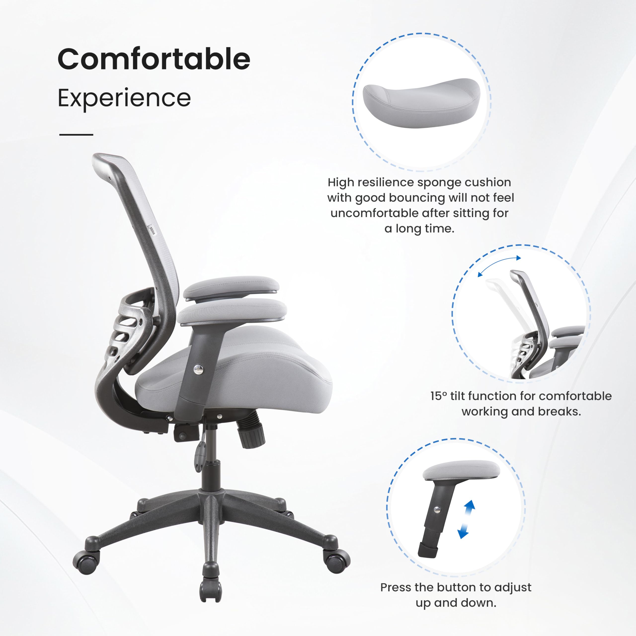 BOLISS 400lbs Capacity Ergonomic Mesh Office Chair with Adjustable Arms - Super Soft Wide Cushion, Breathable Backrest - Perfect for Home Office, Gaming & Computer Work (Grey)