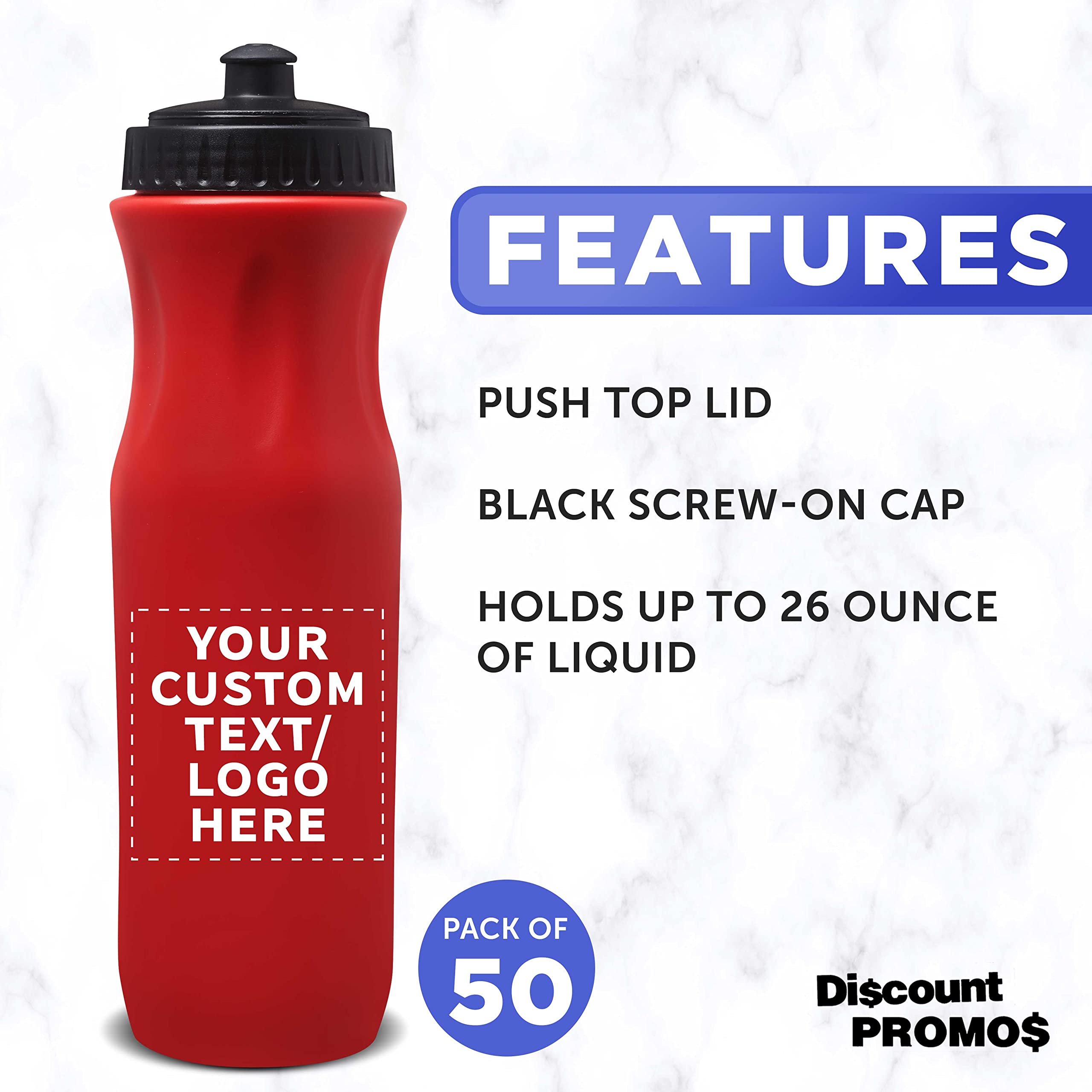 50 Pack 26oz Customizable Plastic Water Bottles with Black Push Top Lid - Bulk Water Bottles for Sports, Gym, School & Outdoor Activities - Red Color (Logo/Text Printing Available)