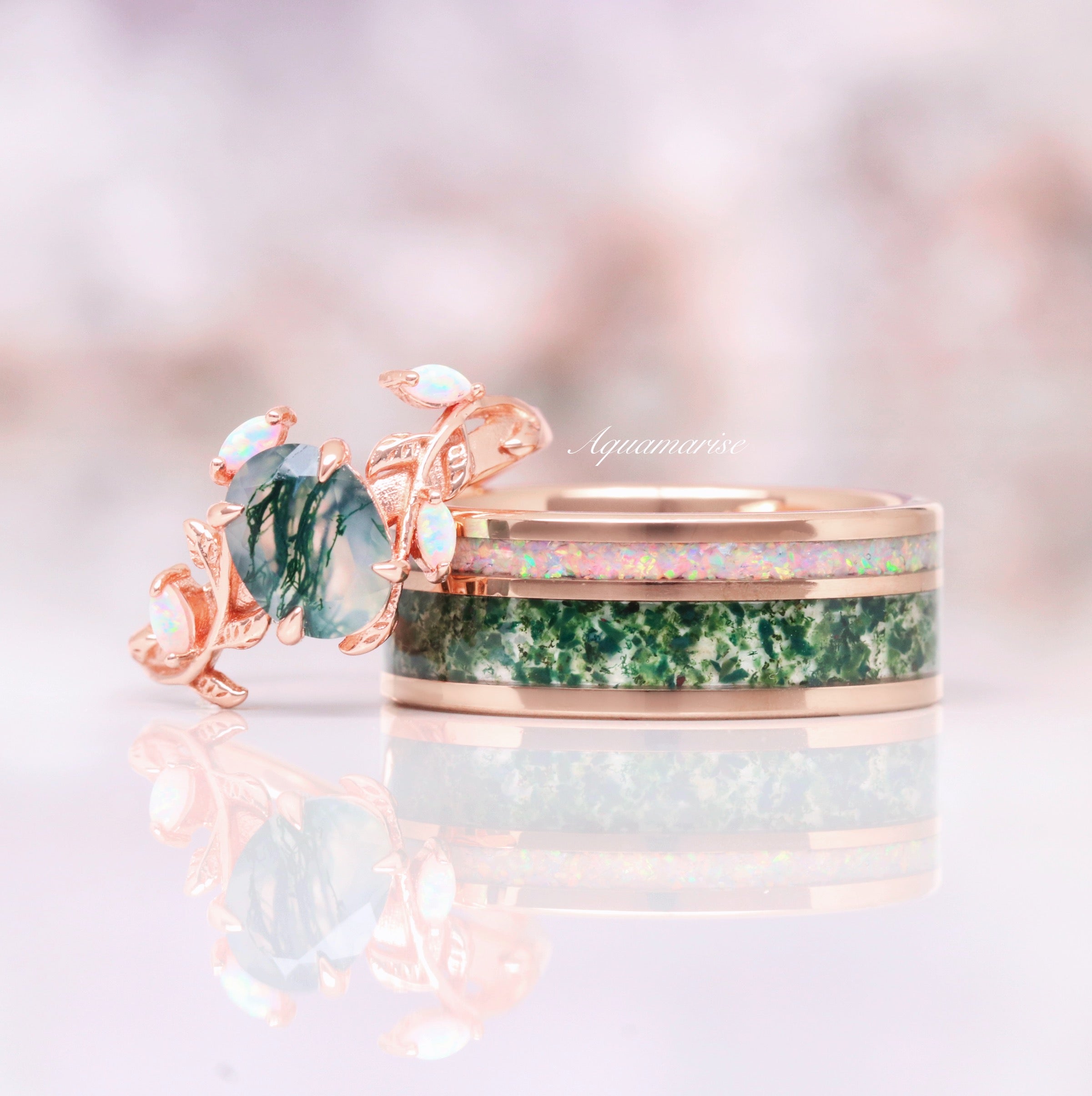 Moss Agate & Fire Opal Wedding Band - 8MM Rose Gold Tungsten Ring for Men & Women - Elegant Handmade Jewelry for Engagement, Anniversary, and Special Occasions