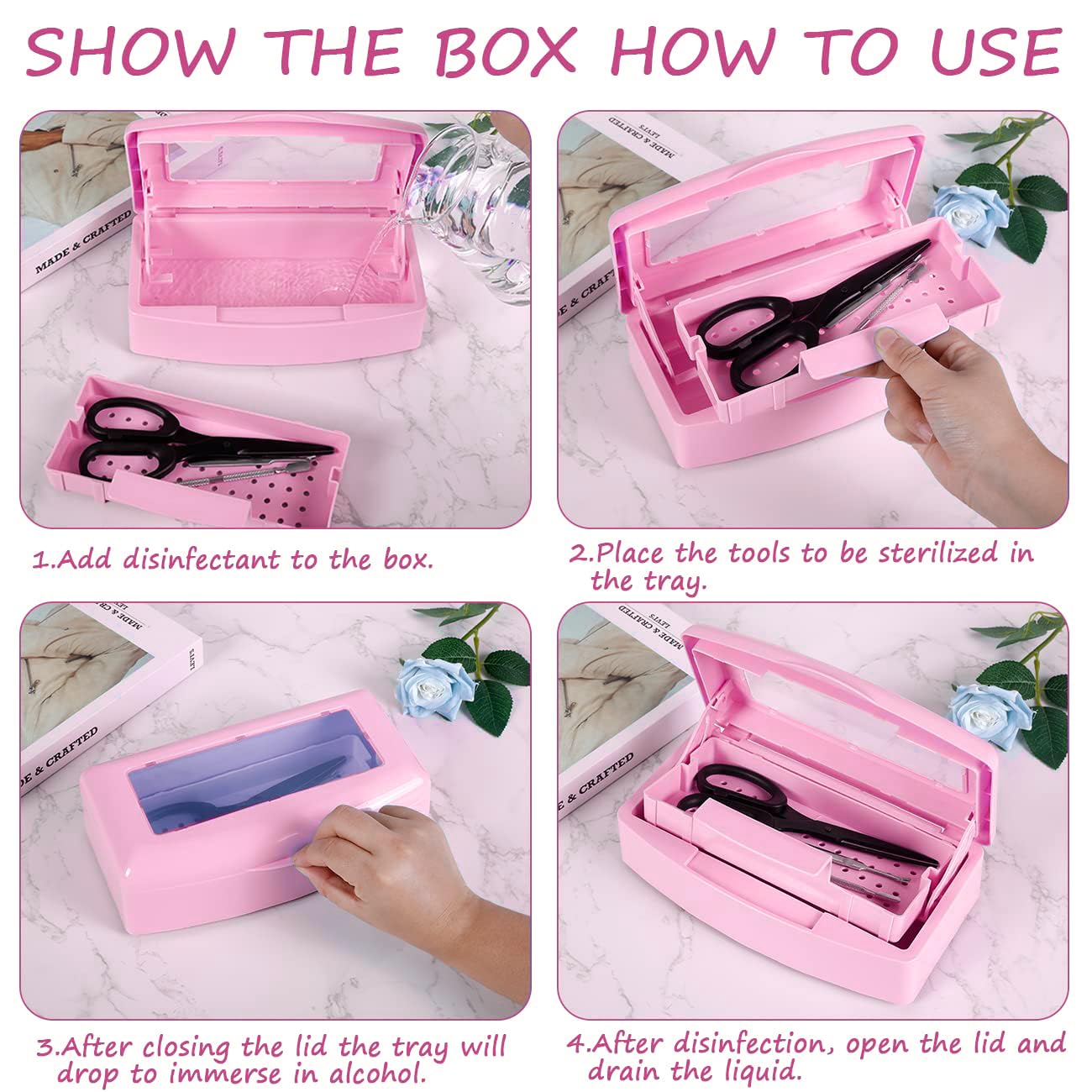 Gusnilo Nail Tool Sterilizer Box - Barbicide Disinfectant Jar for Nail Salon, Beauty Center & Manicure Equipment - Plastic UV Sanitizer Container (Pink) - Perfect for Sanitizing Nail Files, Clippers & Beauty Tools