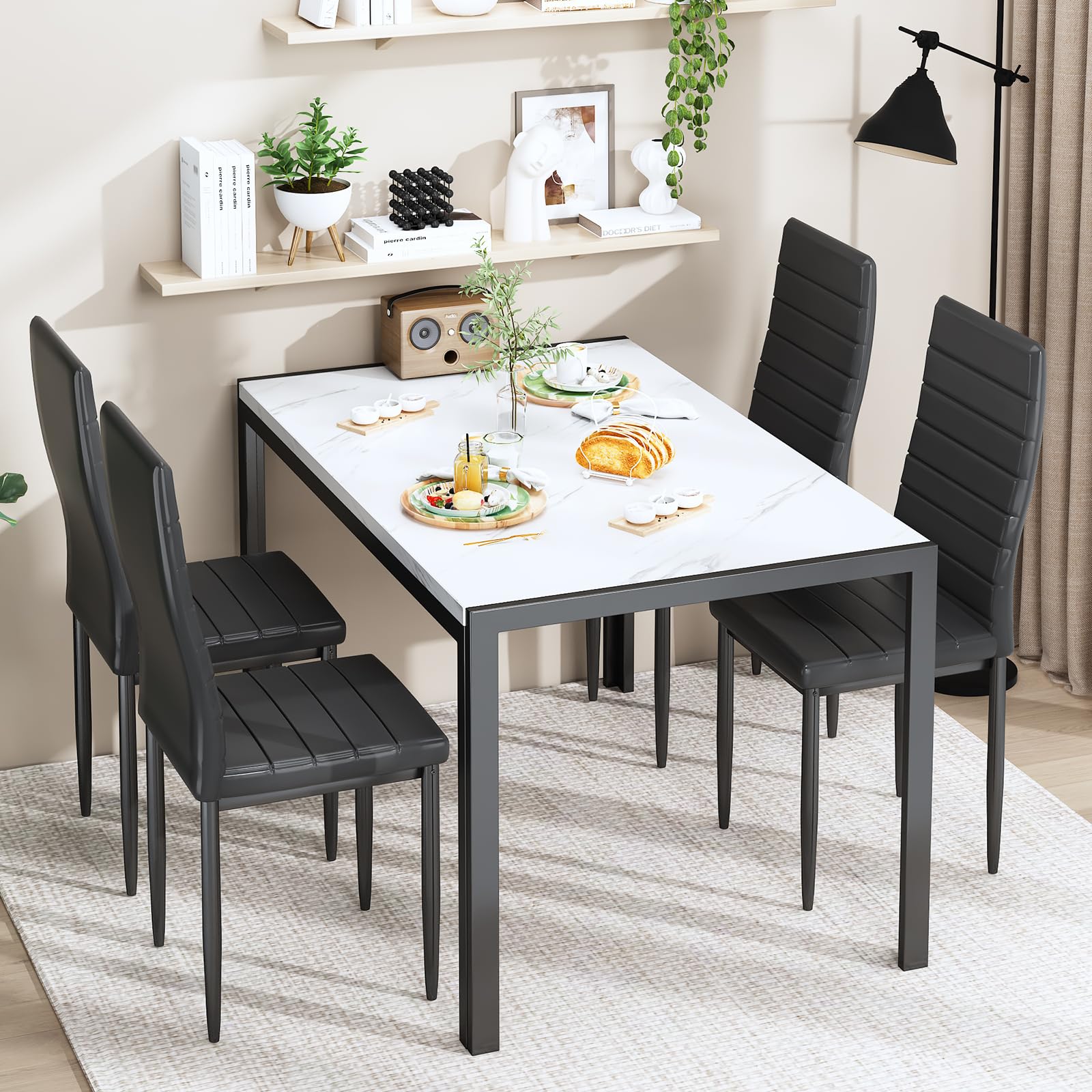 Recaceik 4-Piece Dining Table Set with Faux Marble Top & PU Leather Upholstered Chairs - Modern Kitchen Table and Chairs for Small Space, Perfect for Breakfast Nook, Apartment Dining, and Family Meals