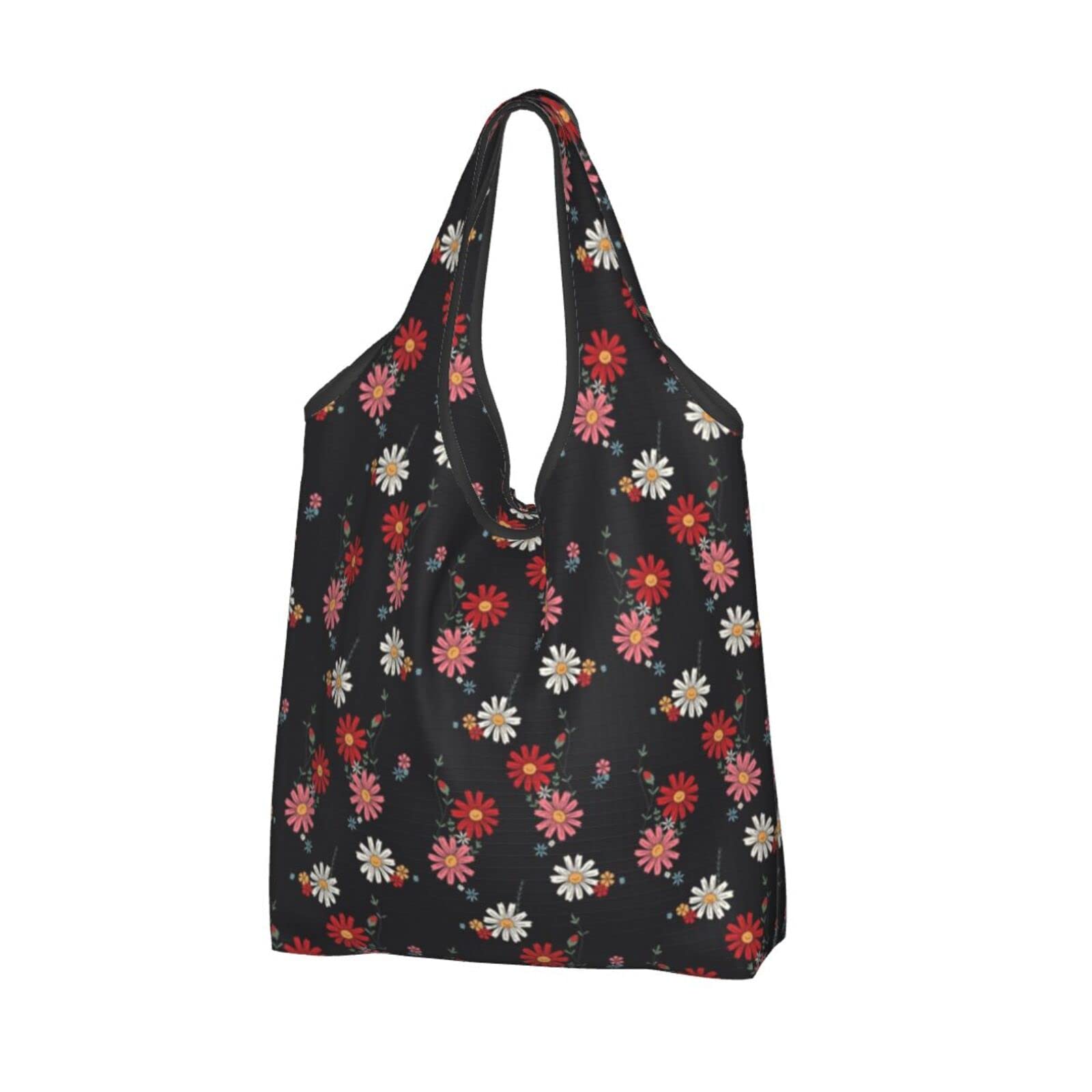Eco-Friendly Washable Reusable Grocery Tote Bag - Black Floral Design, Lightweight & Foldable for Shopping, Travel & Daily Use