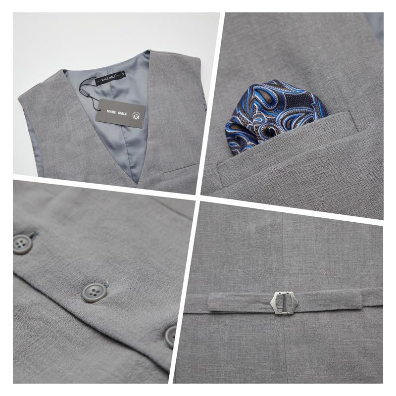 Men's Slim Fit Linen 2-Piece Suit Set for Wedding & Groomsmen | Summer Breathable Vest & Pants with Pocket Square | Perfect for Beach Weddings, Formal Events & Business Casual Occasions