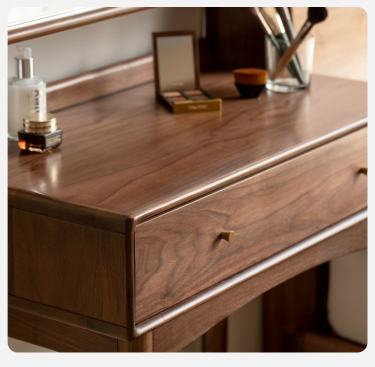 Solid Black Walnut Wood Mirror Dressing Table with Storage | Makeup Vanity Desk for Bedroom | Elegant Bedroom Furniture & Cosmetics Organizer