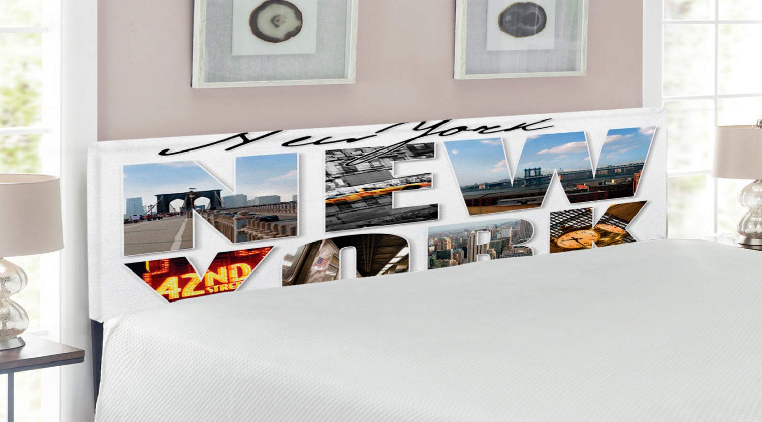 Ambesonne New York Themed Headboard - NYC Collage Design Featuring Manhattan Landmarks, Upholstered Metal Bed Headboard with Memory Foam, King Size, Multicolor - Perfect for Urban Style Bedrooms & Apartment Decor