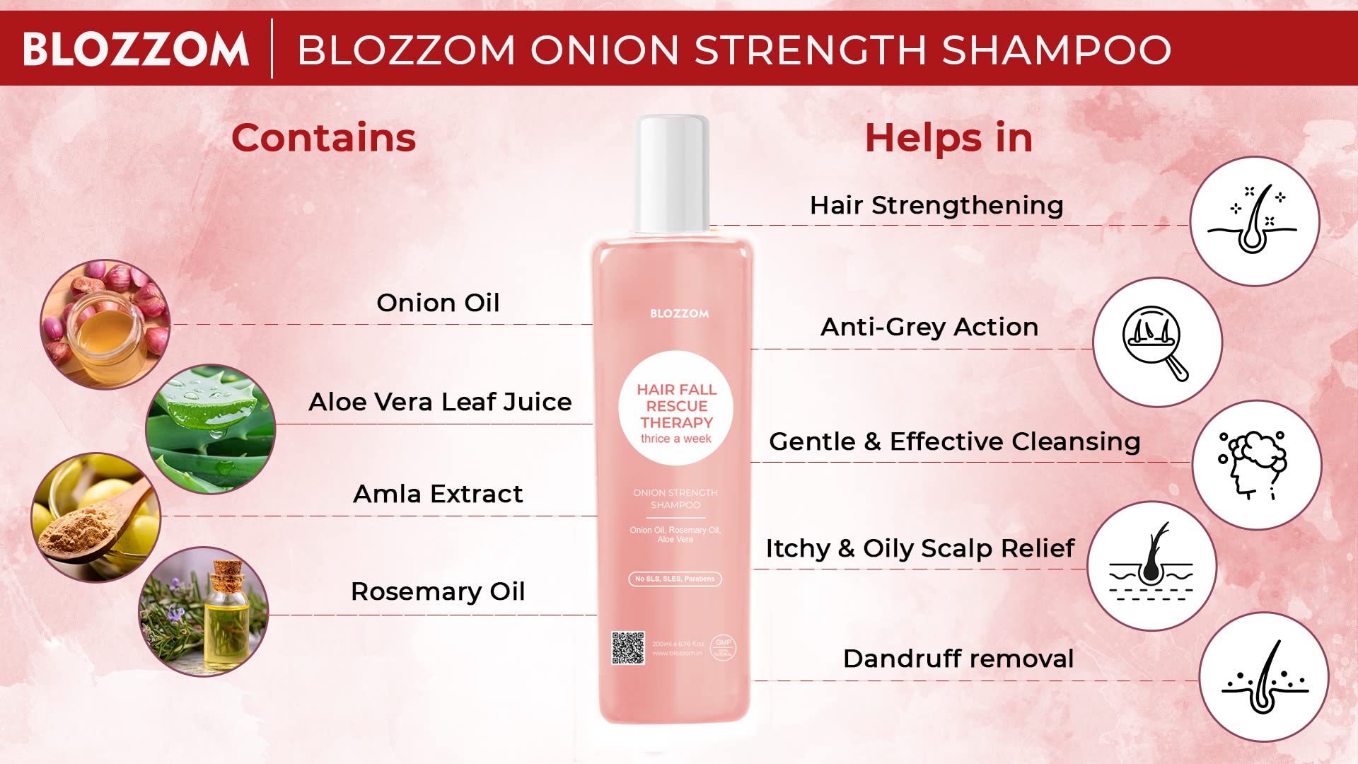 Blozzom Onion Shampoo for Hair Growth & Strengthening - Infused with Onion Seed Oil, Amla & Rosemary Extract - Sulfate Free & Nourishing Formula (Pack of 1) - Perfect for Damaged Hair Repair & Daily Hair Care Routine