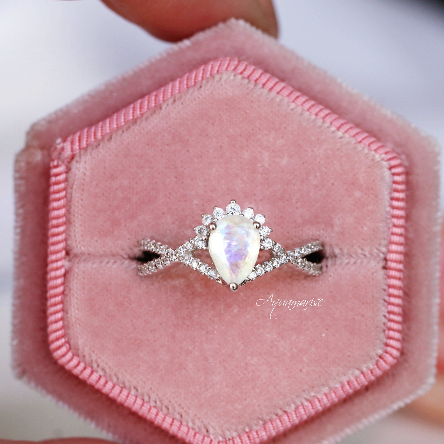 Natural Moonstone Engagement Ring 14K White Gold - Alice Rainbow Gemstone Jewelry for Women, Perfect for Weddings, Proposals & Anniversary Gifts