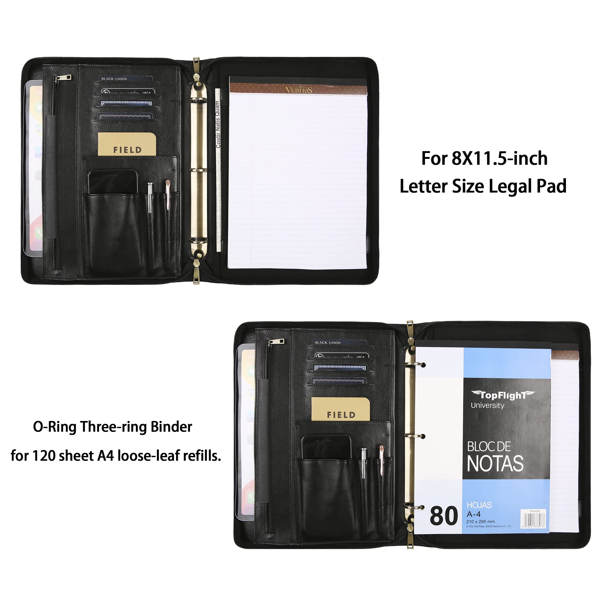 Premium Handmade Leather Portfolio Padfolio - 3 Ring Binder Organizer for Women & Men | Custom Personalized Notebook for iPad & Laptop | Business Meetings, Office Work & Professional Presentations (Black)