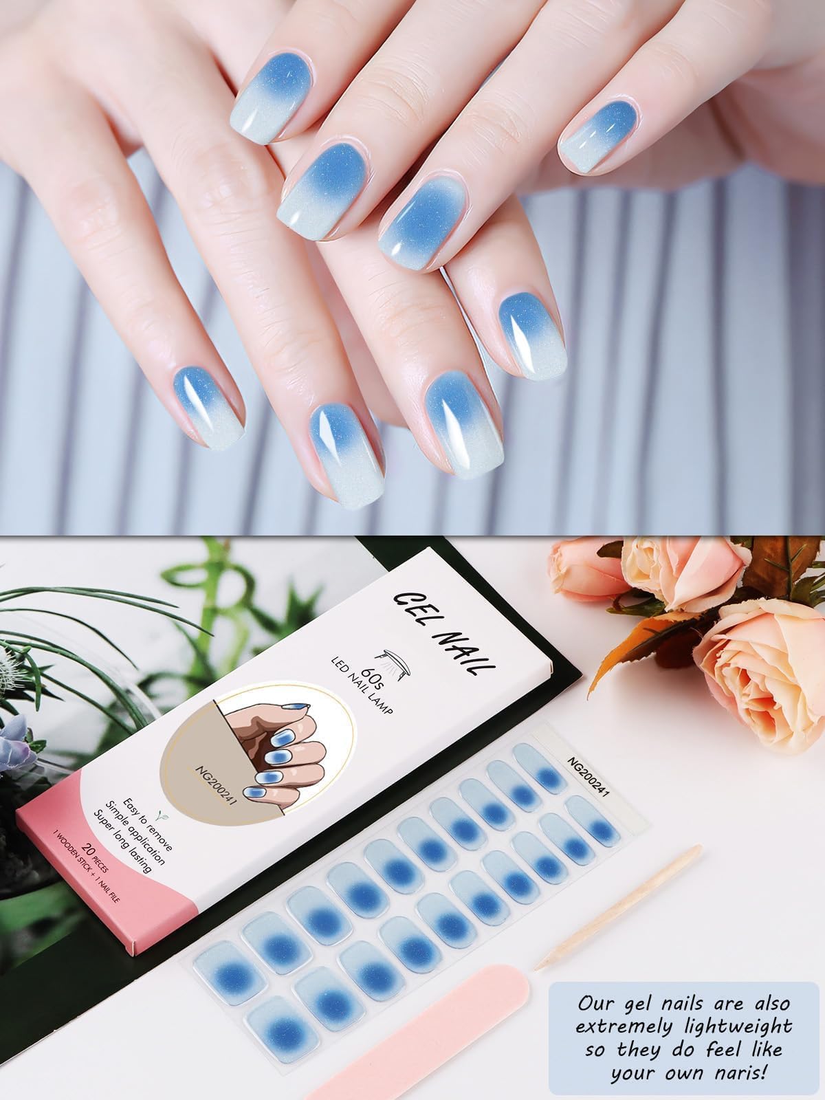 Kalolary Blue Auru Ombre Blooming Gel Nail Wrap Strips - Long Lasting Nail Art Polish Stickers with Nail File & Stick (UV/LED Lamp Required) - Perfect for Salon Quality Manicures at Home, Parties & Special Occasions