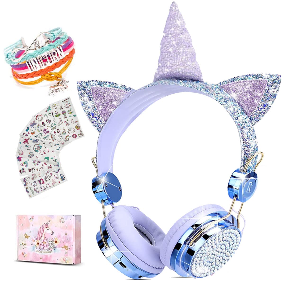 Unicorn Cat Ear Bluetooth 5.0 Wireless Headphones for Kids - Foldable Over-Ear Headset with Mic for iPhone, iPad, Laptop, PC, TV, PS4 & Xbox One - Perfect Gaming Gift for Girls & Teens (Blue) - Ideal for School, Travel & Gaming