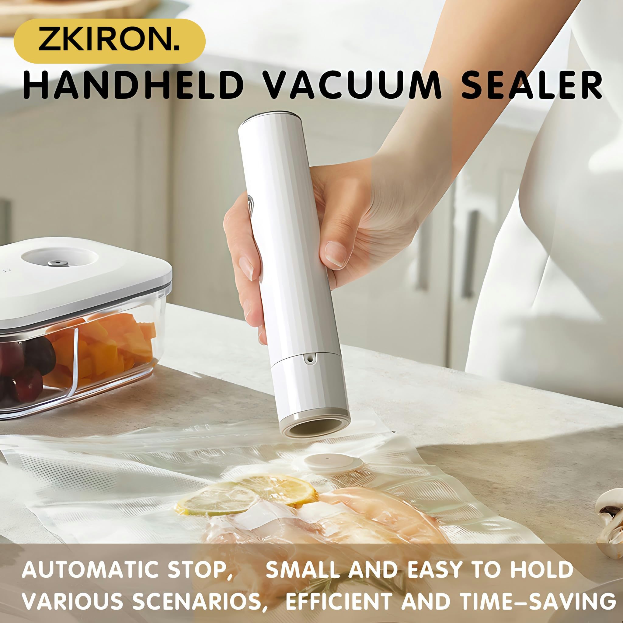 OneTouch Handheld Vacuum Sealer with 5 Bags - USB-C Rechargeable Food Saver, 10s Quick Seal, Strong Suction for Meal Prep, Sous Vide, Travel & Home Storage | Compact & Portable for Kitchen, Camping & On-the-Go Use (White)