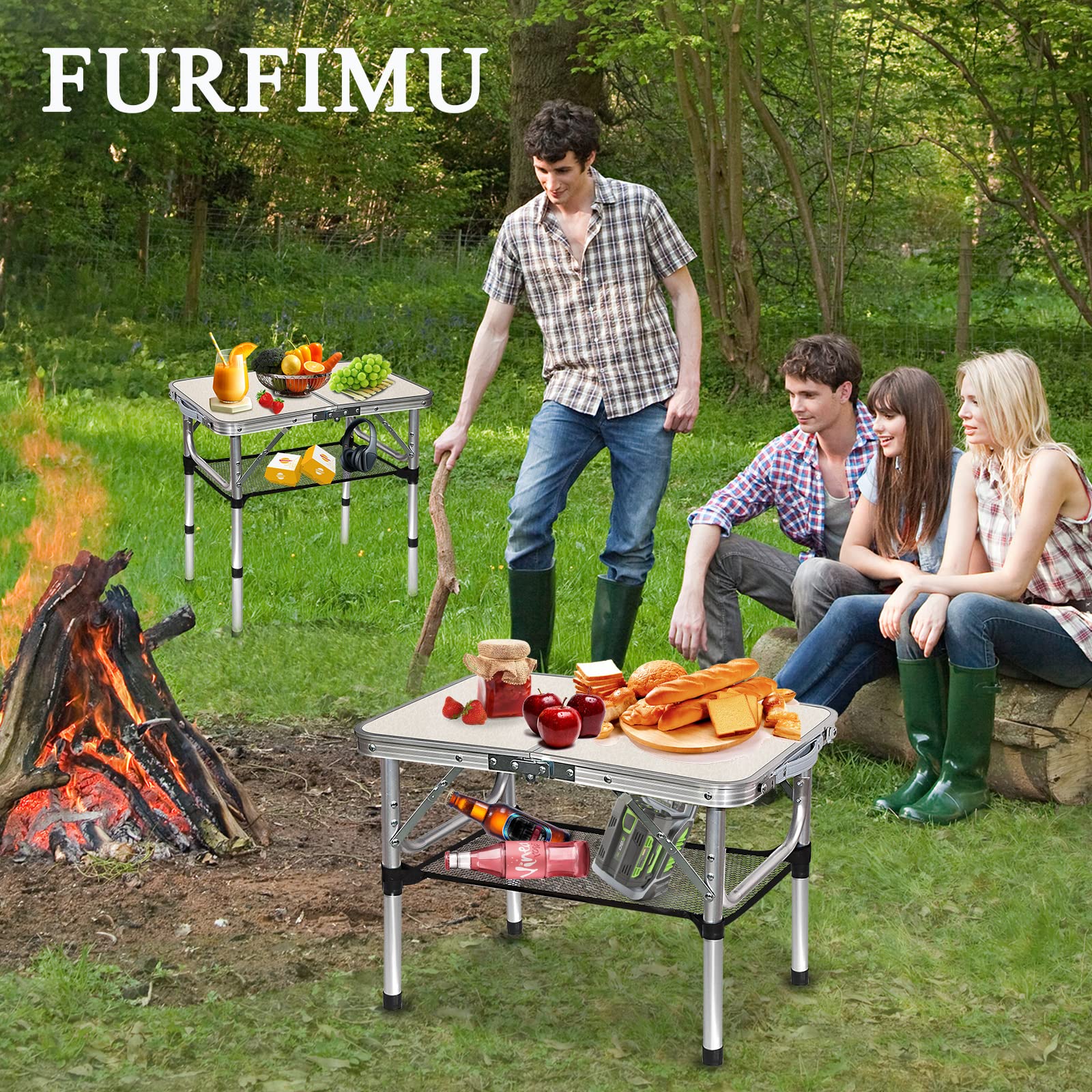 **Compact 3-Height Adjustable Folding Table - 2FT Portable Camping & Outdoor Table with Mesh Storage, White Metal Beach & Patio Table for BBQ, Picnics, and Travel**    *(Perfect for camping trips, beach outings, backyard BBQs, picnics, and small-space living!)*