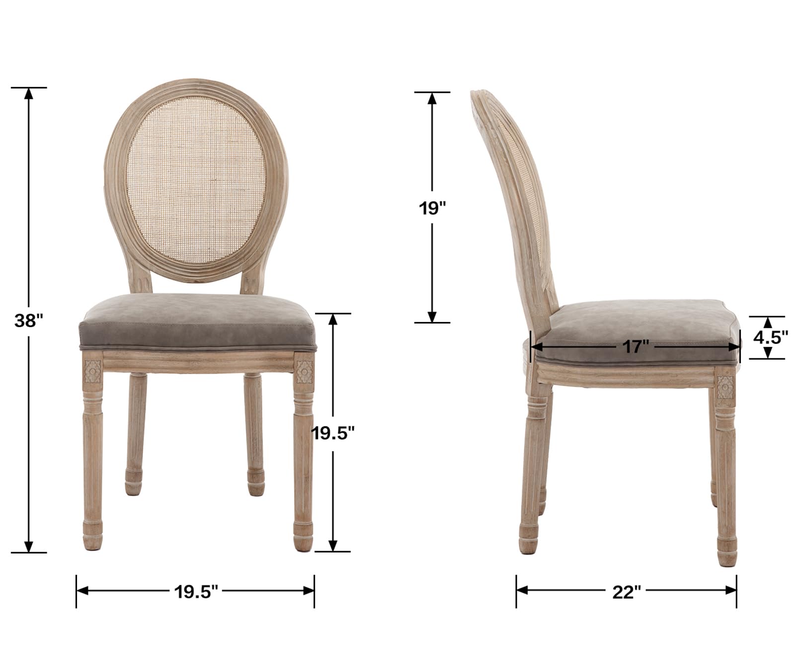 Farmhouse Rattan Dining Chairs Set of 2 - French Country Style Leather Upholstered Round Back Side Chairs for Kitchen, Restaurant, Dining Room & Living Room - Grey (2 Pieces) | Perfect for Rustic Home Decor, Indoor Dining & Cozy Gatherings