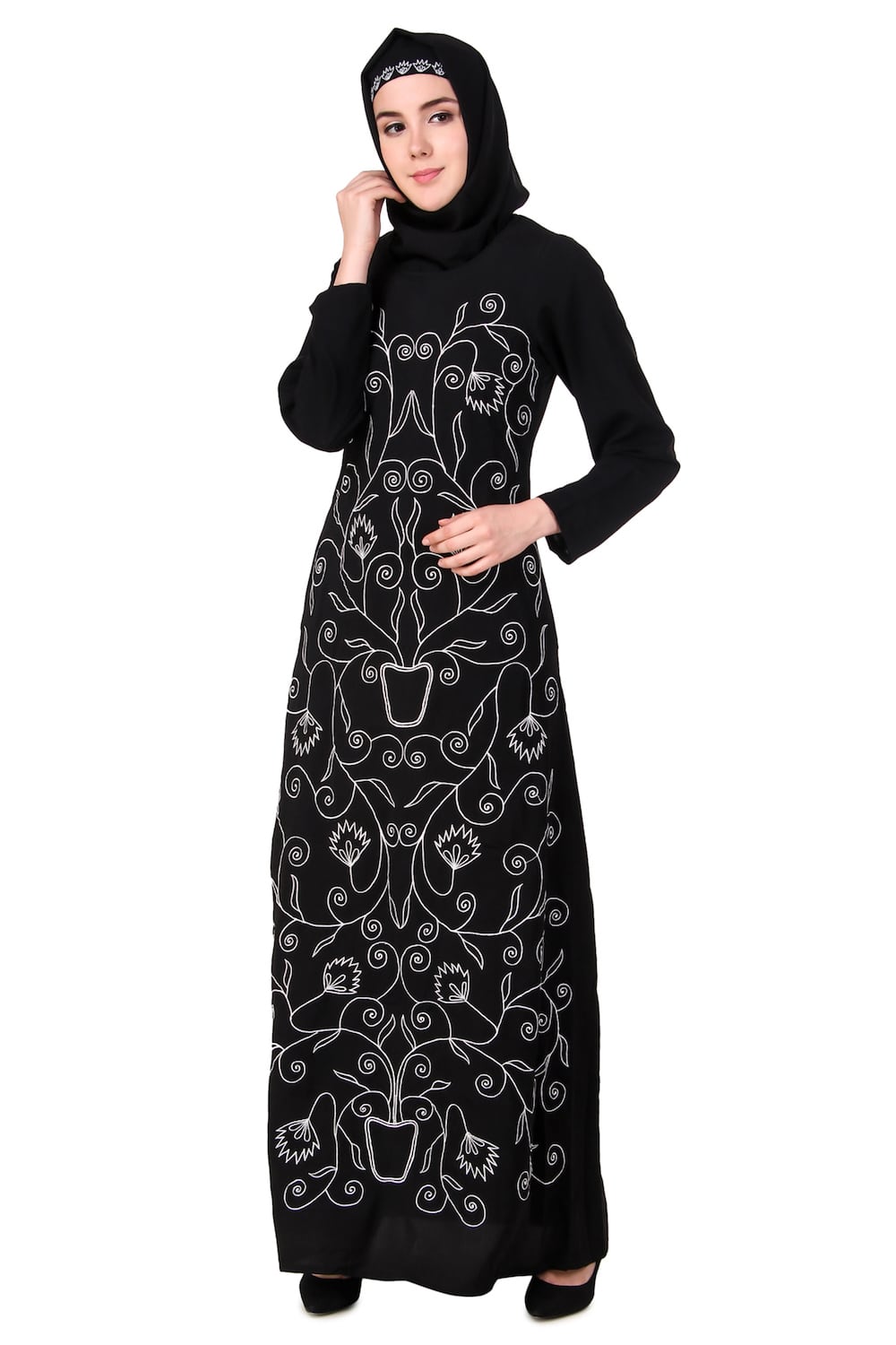 Elegant Front Floral Embroidered A-Line Abaya Dress for Women - Perfect for Prayer, Modest Fashion, and Special Occasions