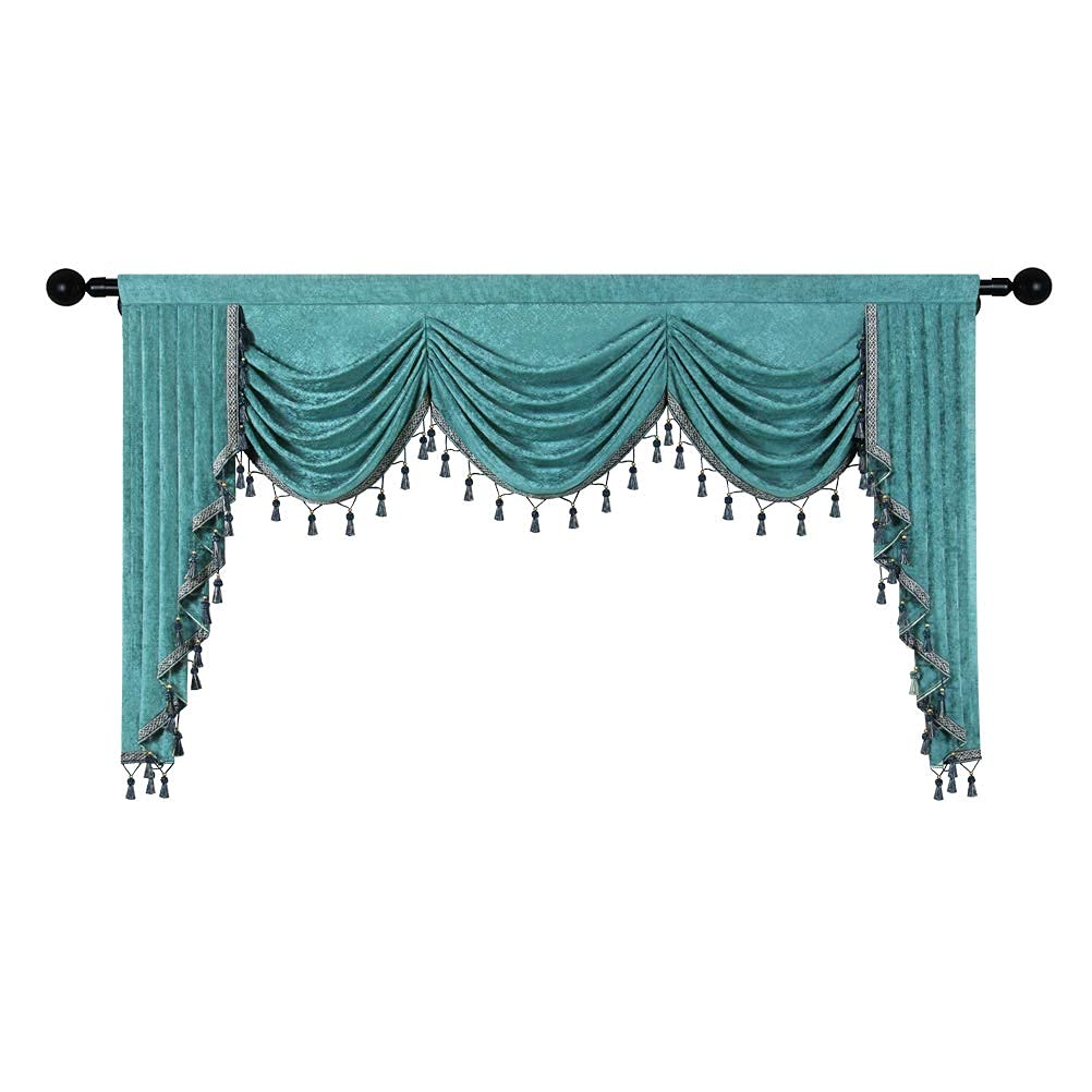 ELKCA Thick Chenille Window Curtain Valance - 89 Inch Wide Turquoise Waterfall Valance Panel for Living Room & Bedroom - Soft Thermal Insulating Home Decor for Windows, Doors, and Patio