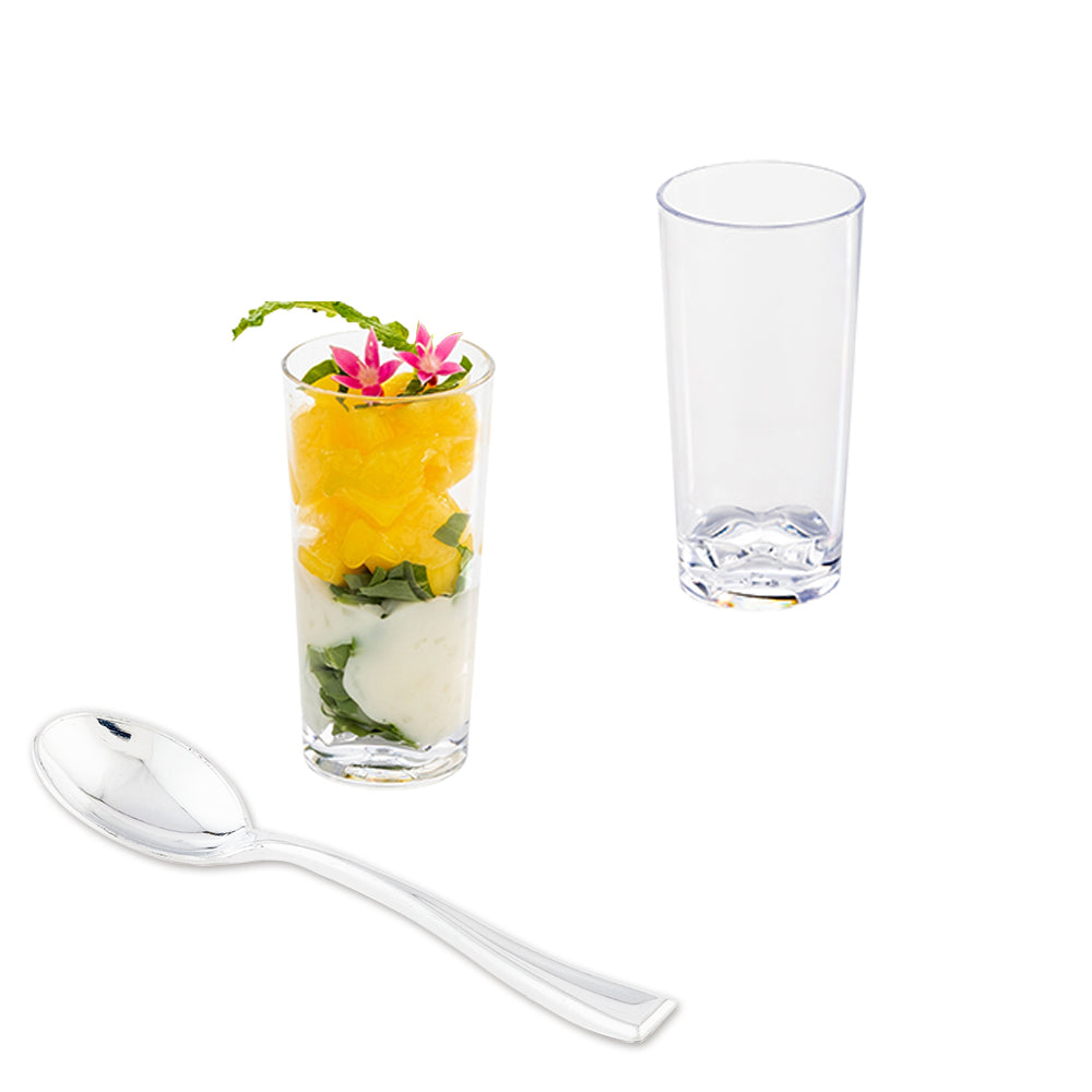 100 Pack 2 oz Clear Plastic Shot Glasses with 100 Silver Mini Spoons - Perfect for Parties, Bars, Cocktails, and Home Entertaining