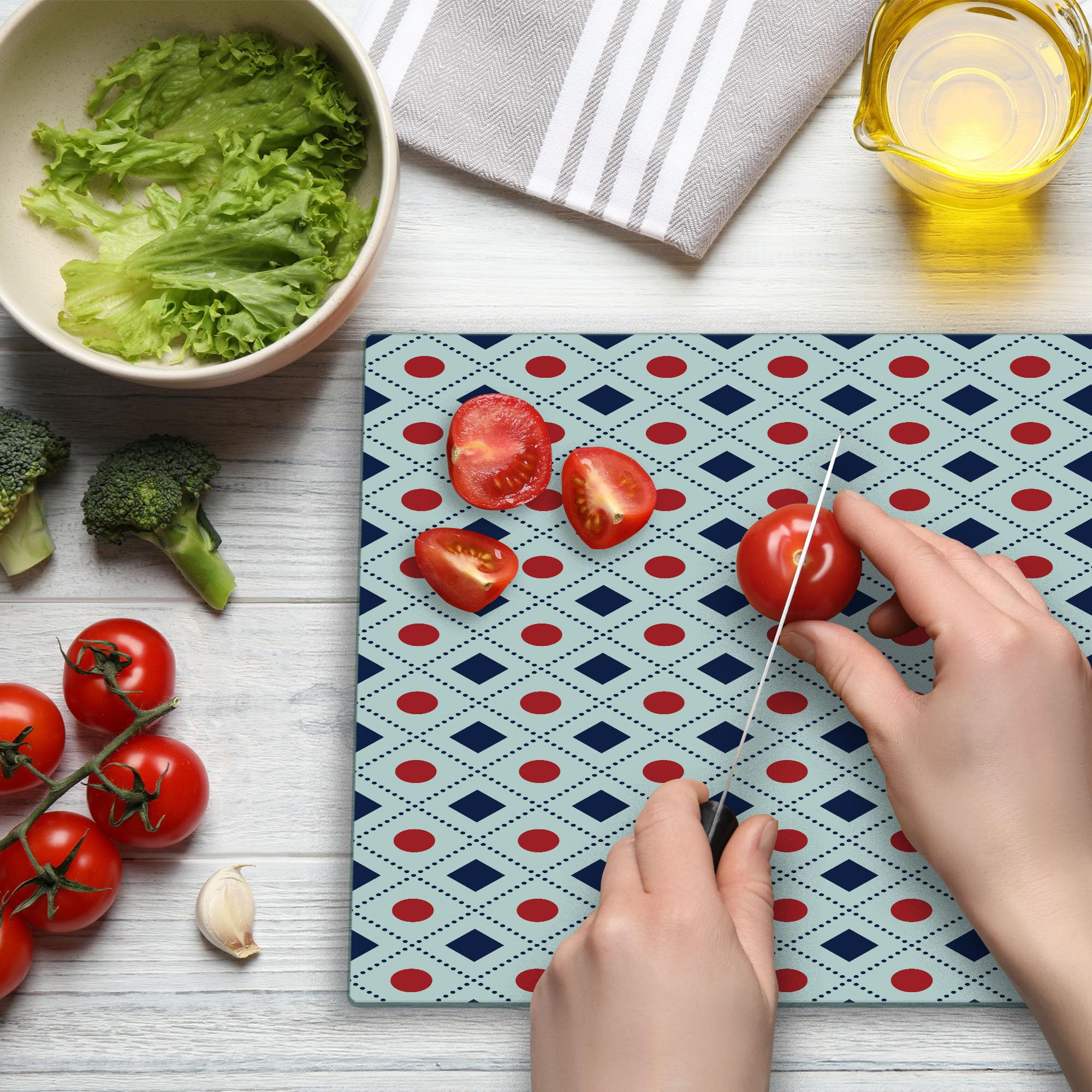 Ambesonne Navy Blue & Red Geometric Glass Cutting Board - Large Tempered Glass Serving Tray with Dots & Dashed Lines Design - Perfect for Cheese Platters, Charcuterie & Kitchen Decor