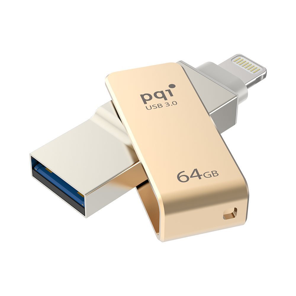 PQI iFlash Drive USB 3.0 64GB Gold Flash Memory Stick - High Speed Data Transfer for iPhone, iPad, Mac & PC (iConnect Mini002) - Perfect for Business, Travel & Backup Storage
