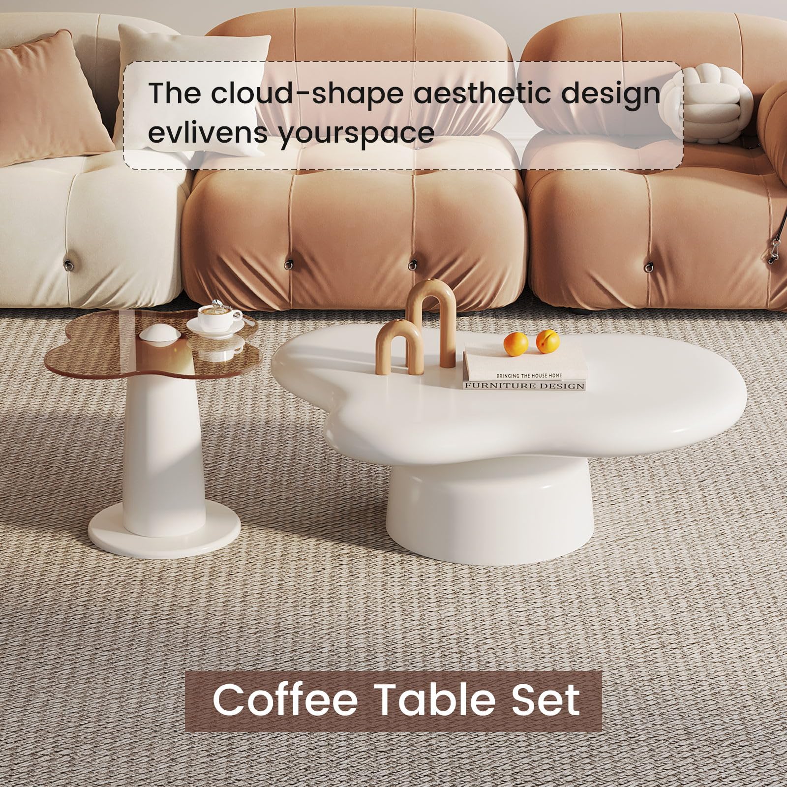 Modern Cloud Coffee Table Set of 2 - Small Irregular Side & End Tables in White Cream | 2-in-1 Contemporary Design for Living Room, Bedroom & Office | Perfect for Small Spaces, Coffee Break & Home Decor