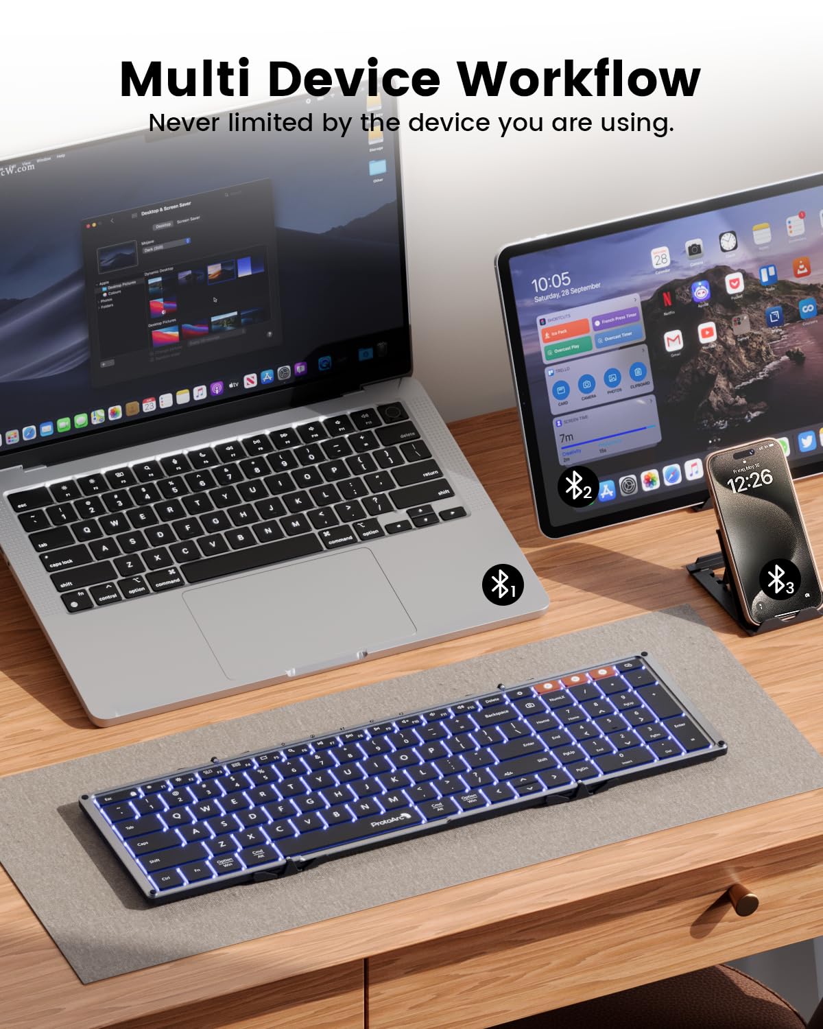ProtoArc XK01 Plus Backlit Foldable Bluetooth Keyboard - Full-Size Portable Wireless Keyboard for iPad, Tablet, Smartphone, Laptop & PC - Perfect for Travel, Office & Home Use with Adjustable Backlight